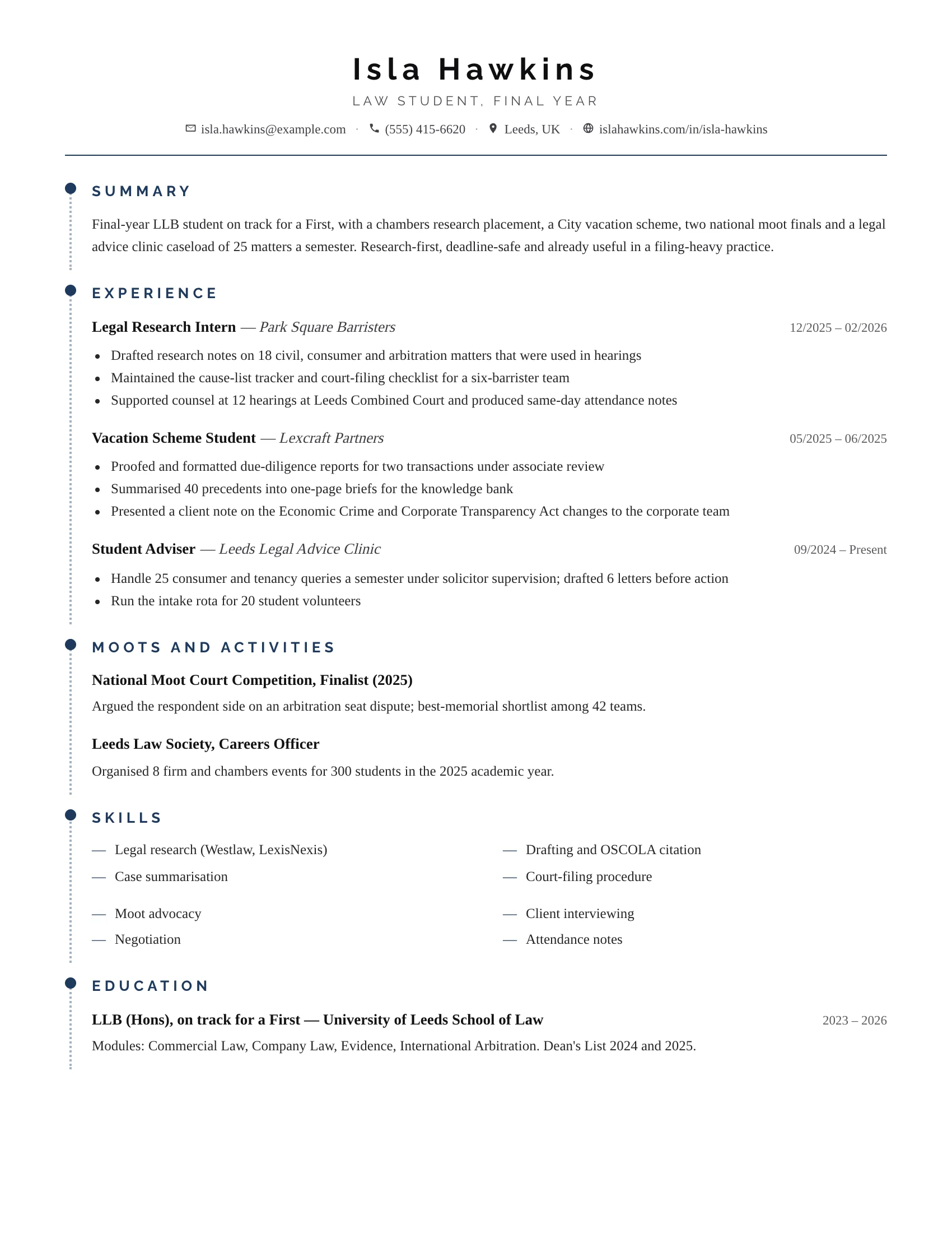 Law Student · Rail (Navy) resume template preview
