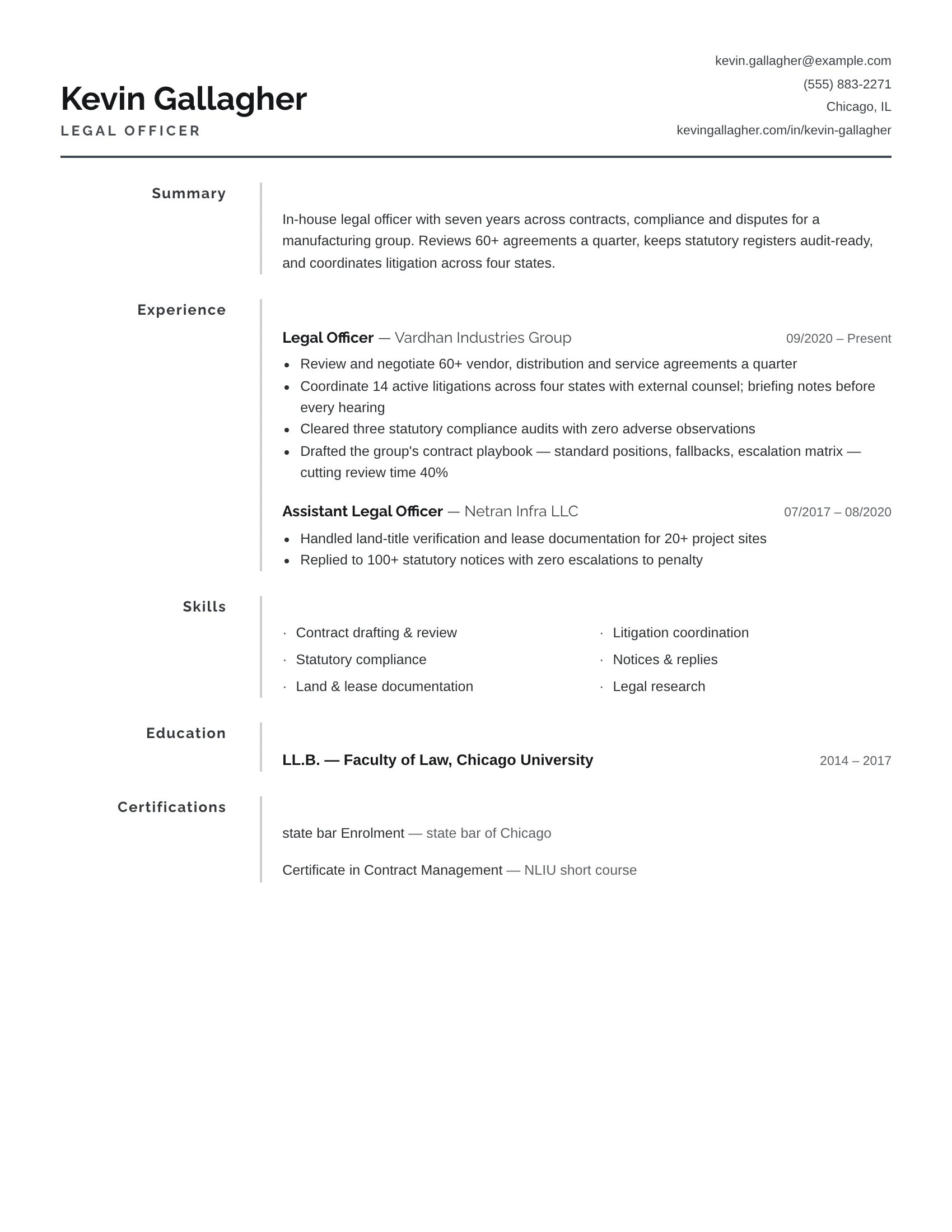 Legal Officer · Docket resume template preview