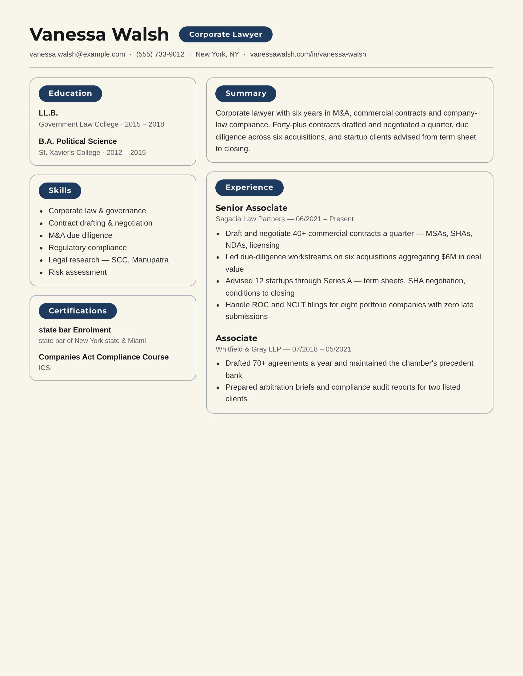 Corporate Lawyer · Counsel (Navy) resume template preview