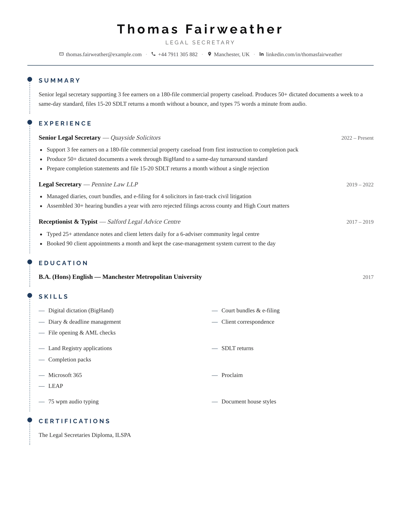 Legal Secretary · Rail resume template preview