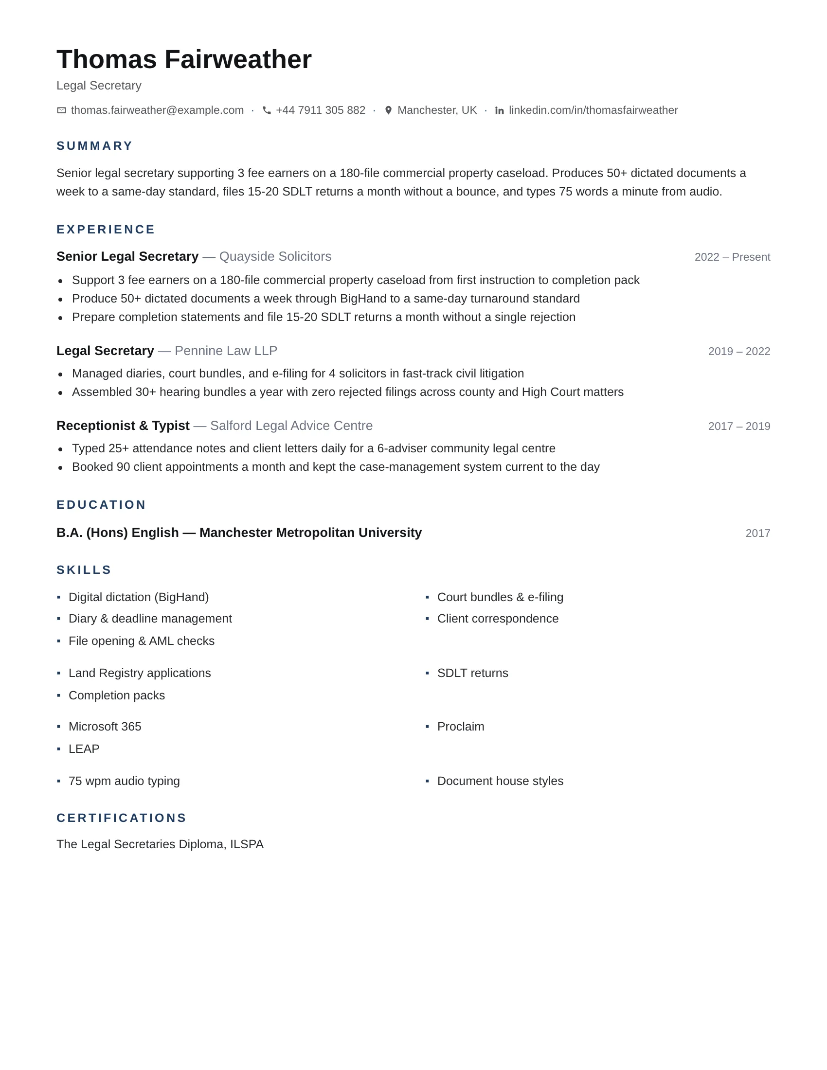 Legal Secretary · Martinus resume template preview