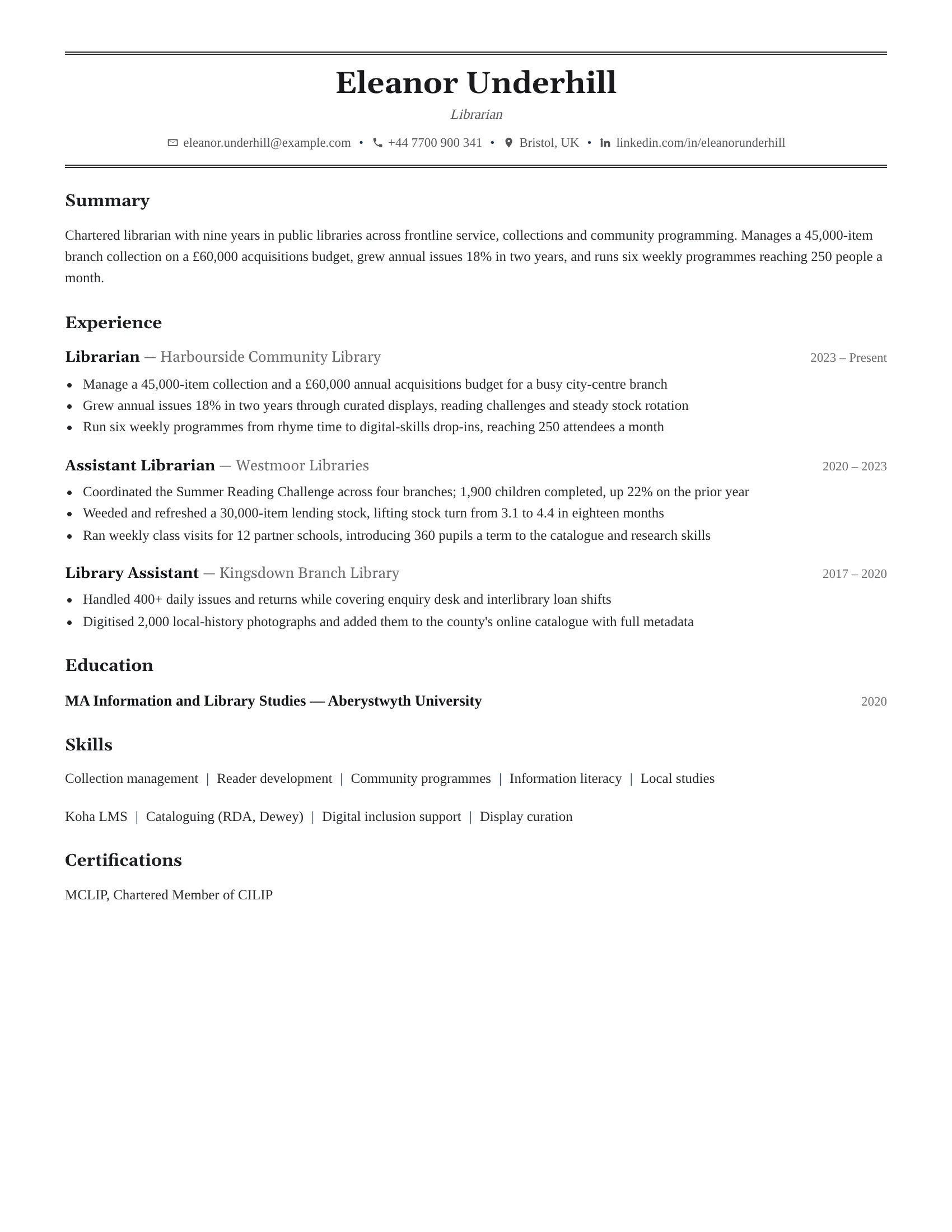 Librarian · English resume template preview