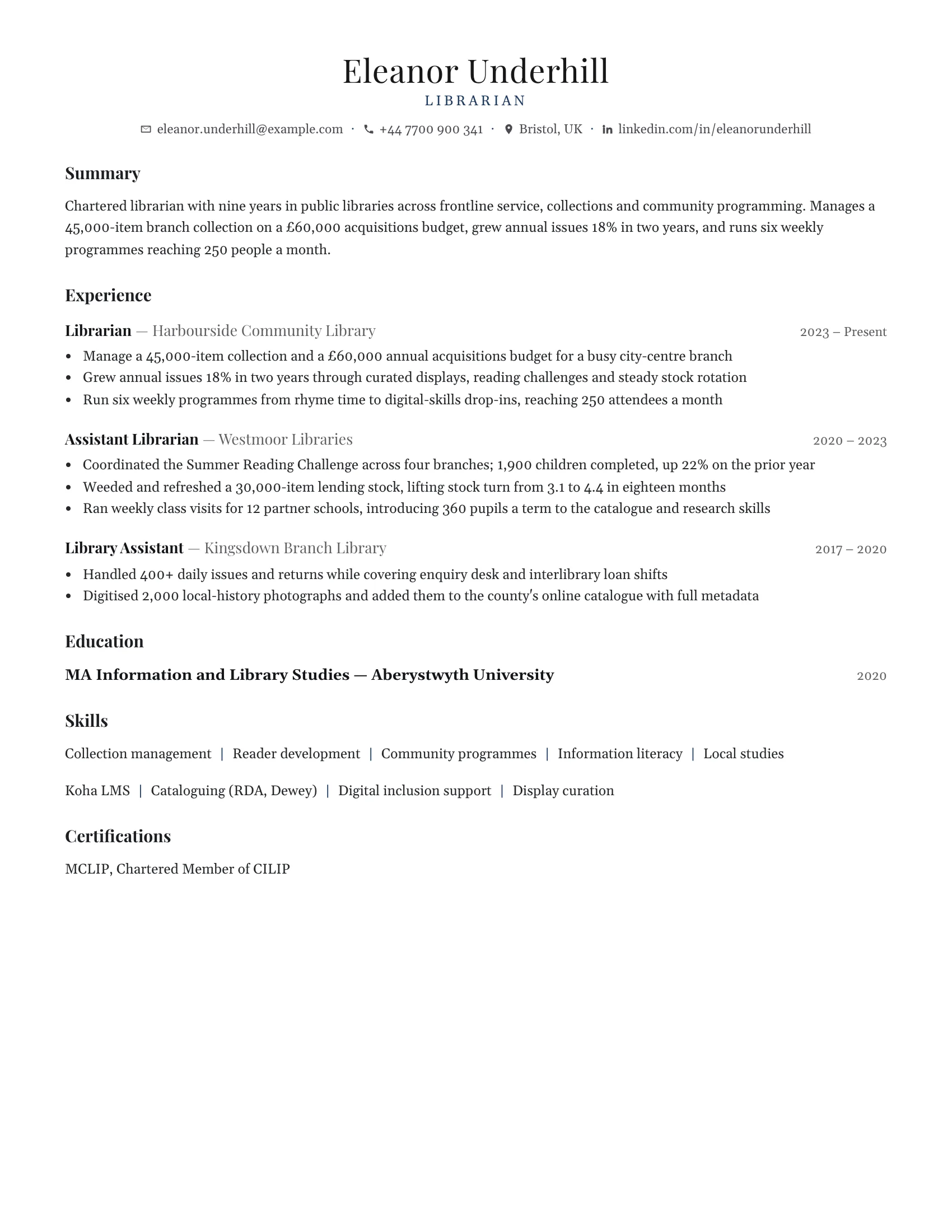 Librarian · Reed resume template preview