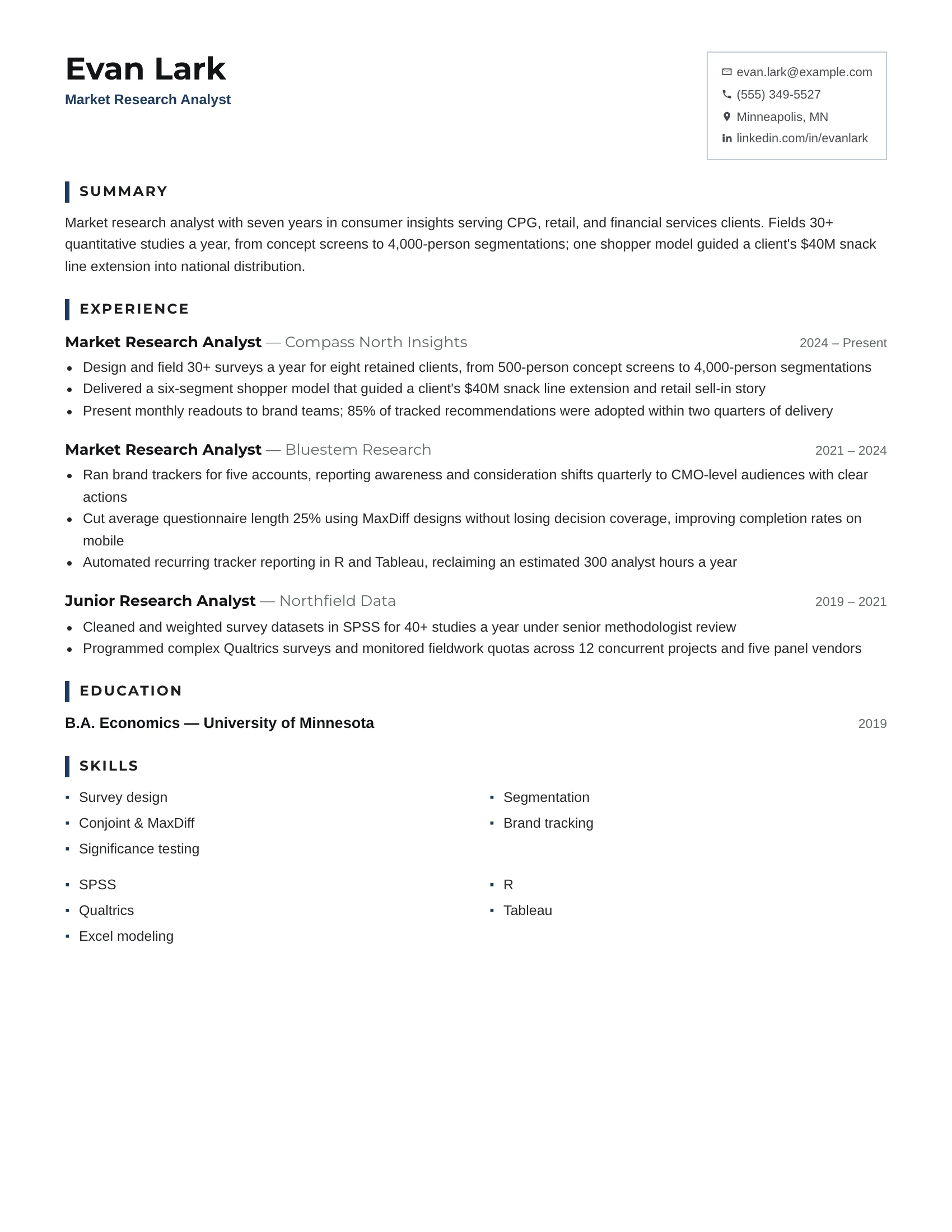 Market Research Analyst · Smart resume template preview