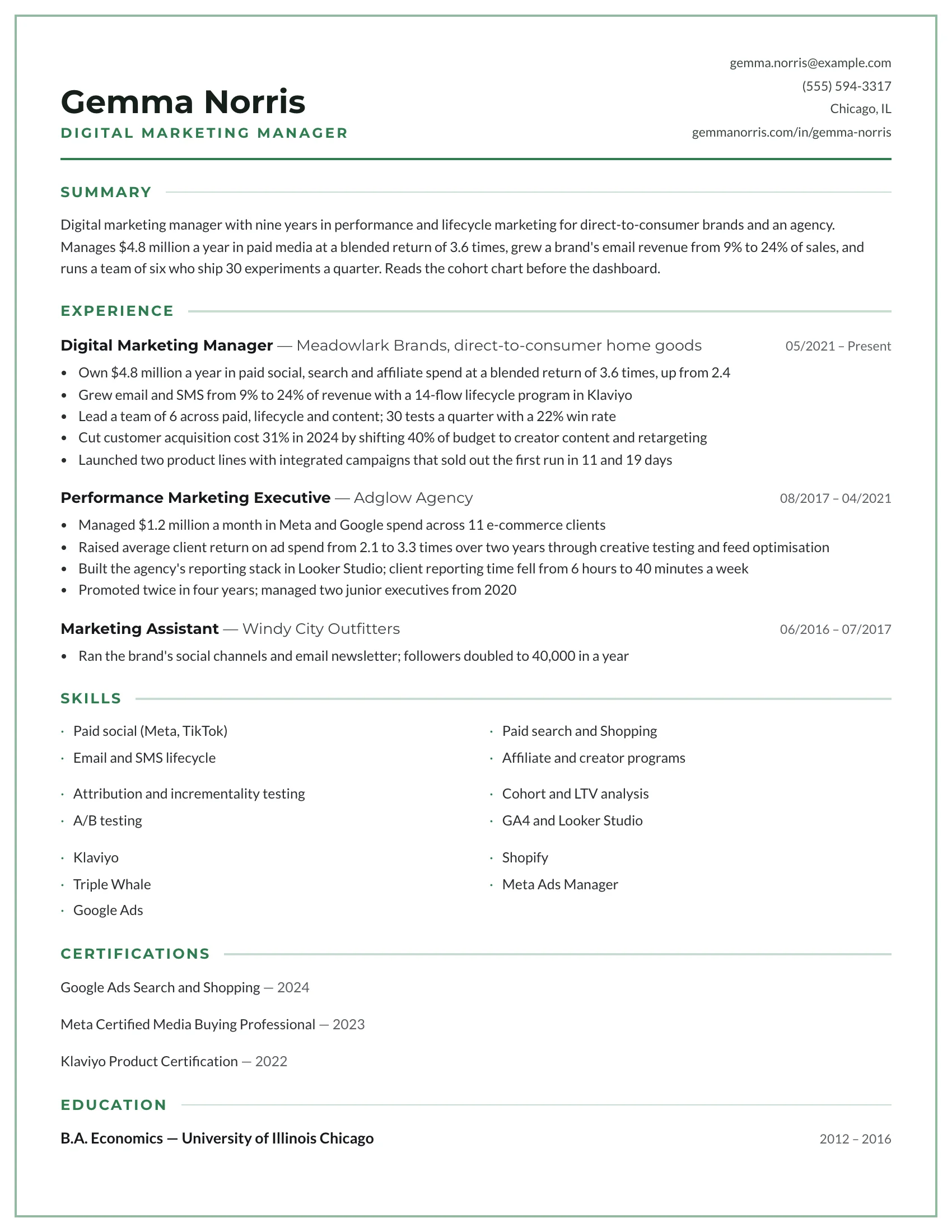 Digital Marketing · Frame resume template preview