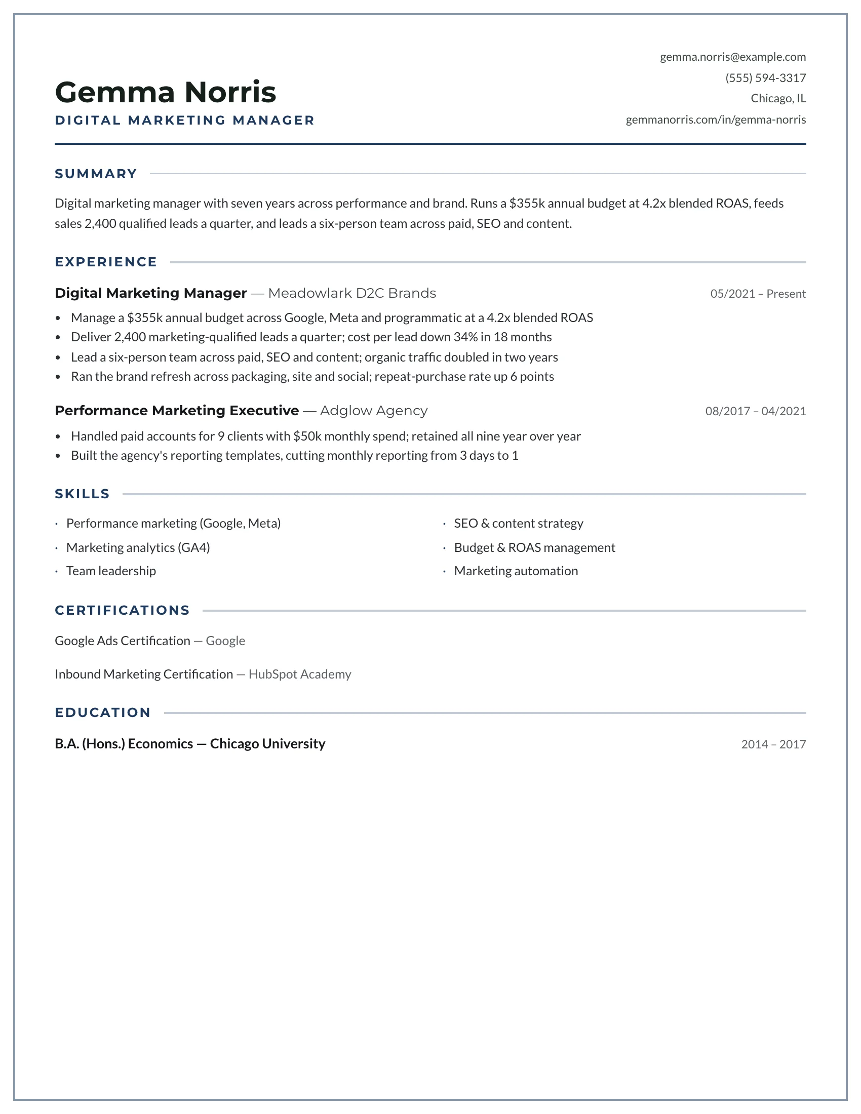 Digital Marketing · Frame (Navy) resume template preview