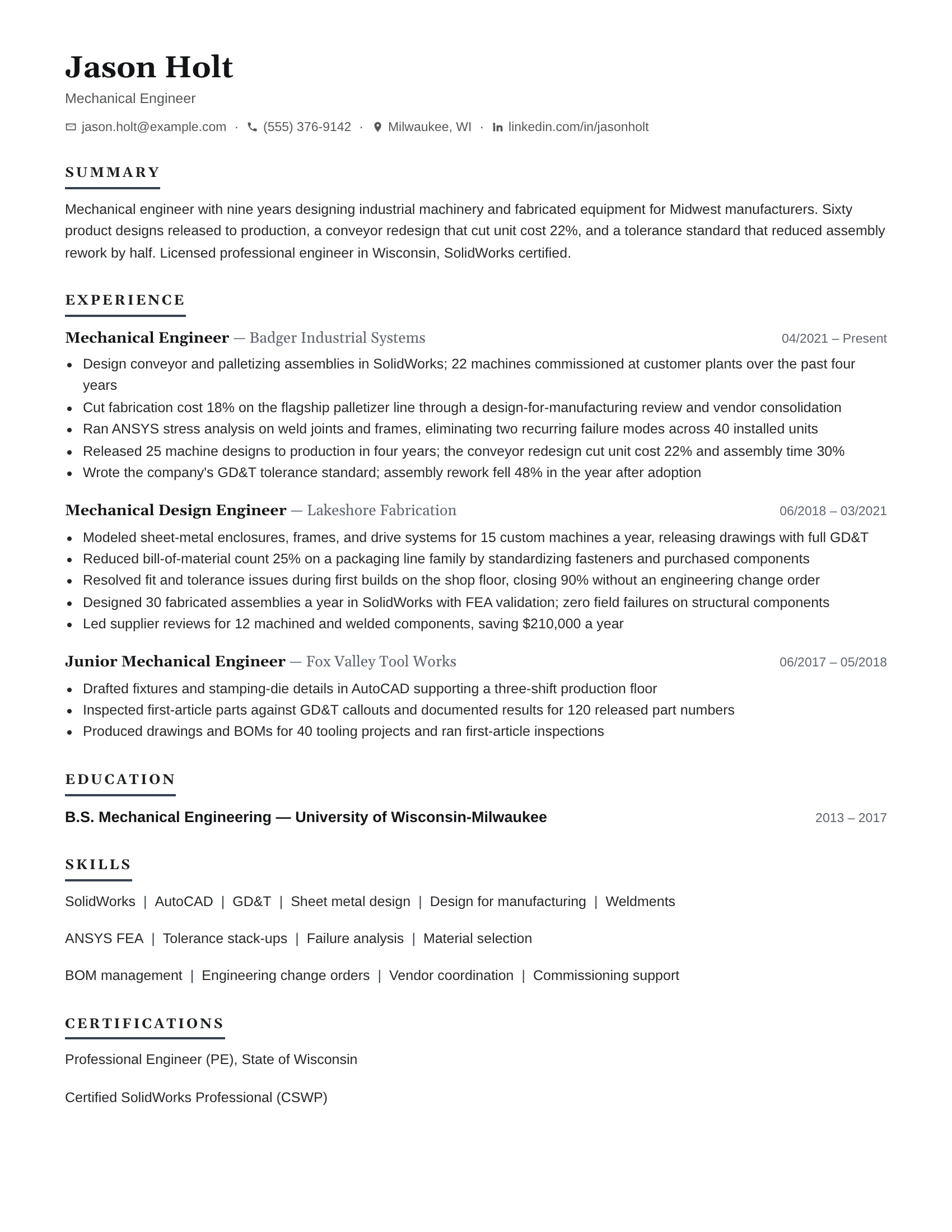 Mechanical engineer resume example — sample document