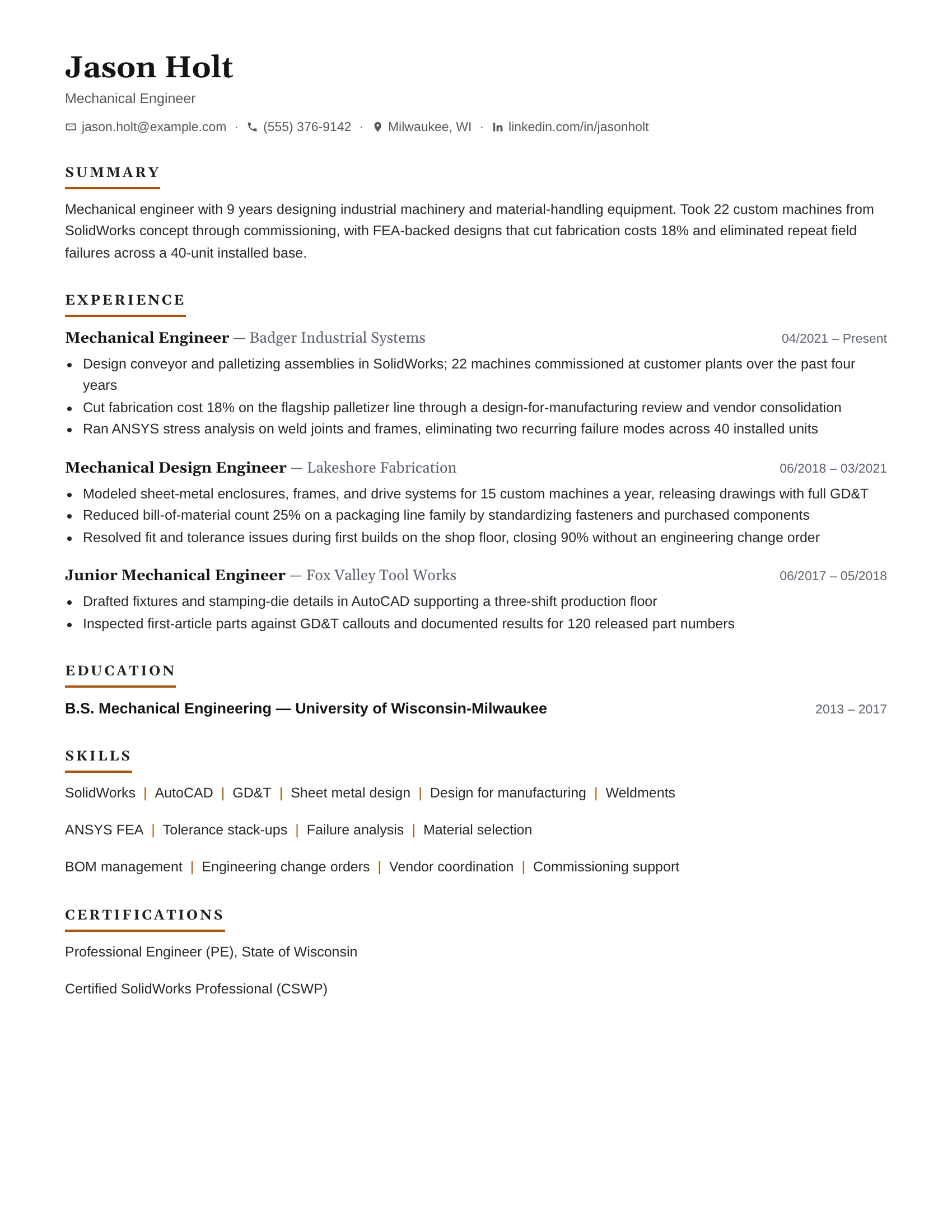 Mechanical Engineer · Torque (Amber) resume template preview