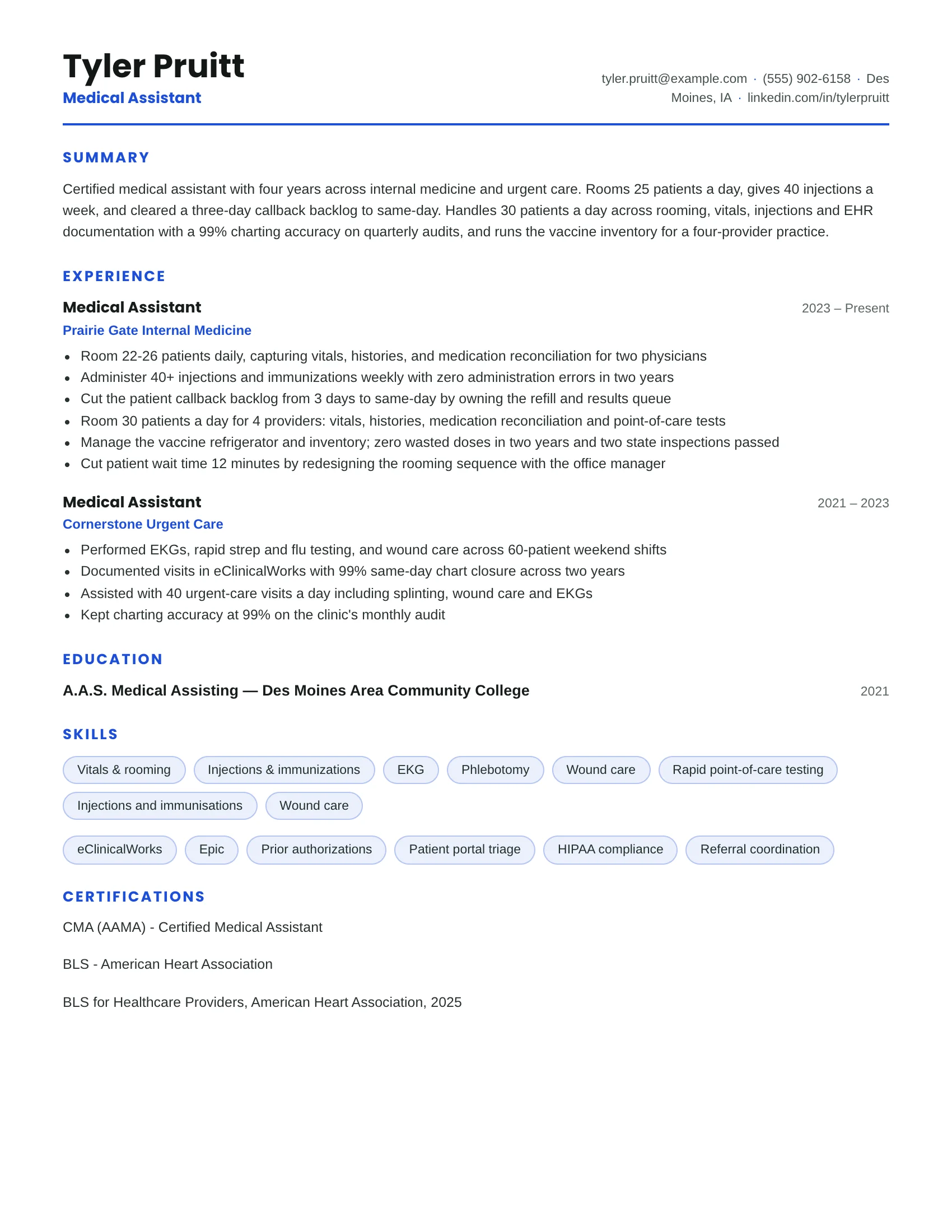 Medical assistant resume example — sample document