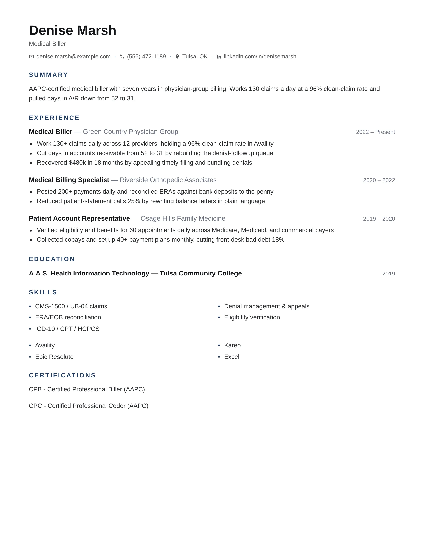 Medical Biller · Martinus resume template preview