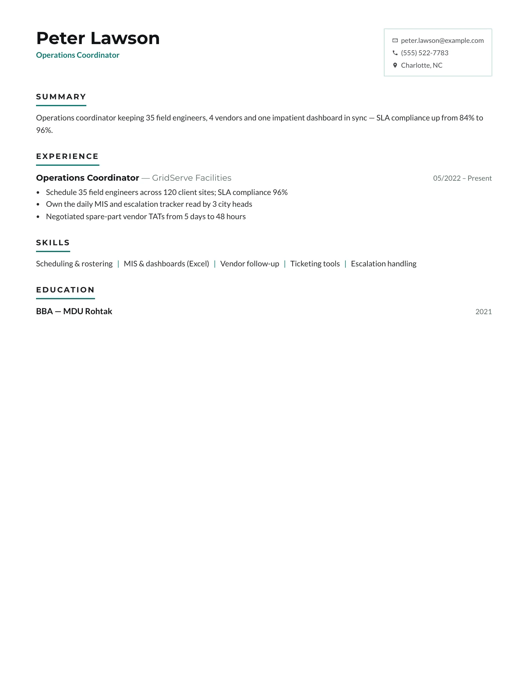 Coordinator · Midday resume template preview