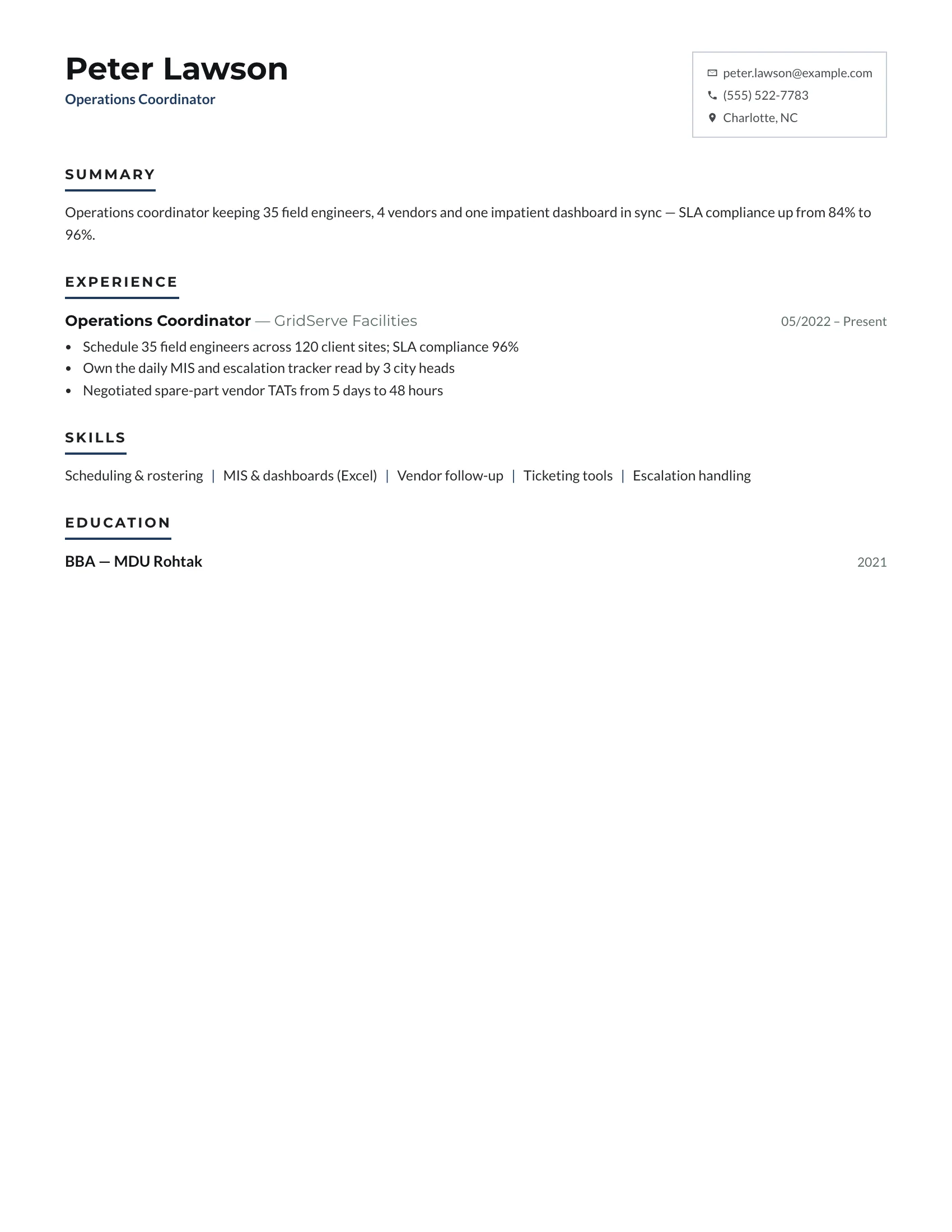 Coordinator · Midday (Navy) resume template preview