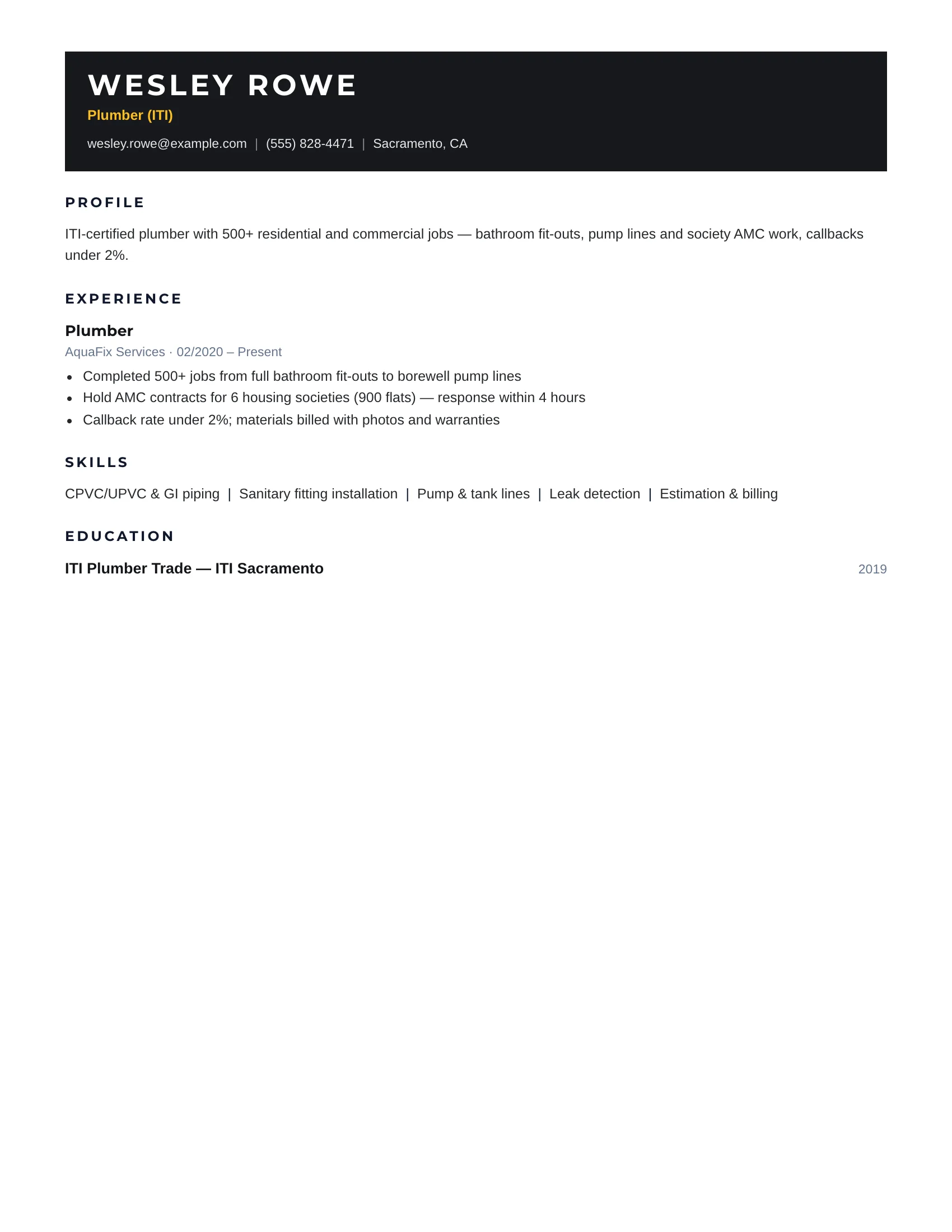 Plumber · Midnight resume template preview