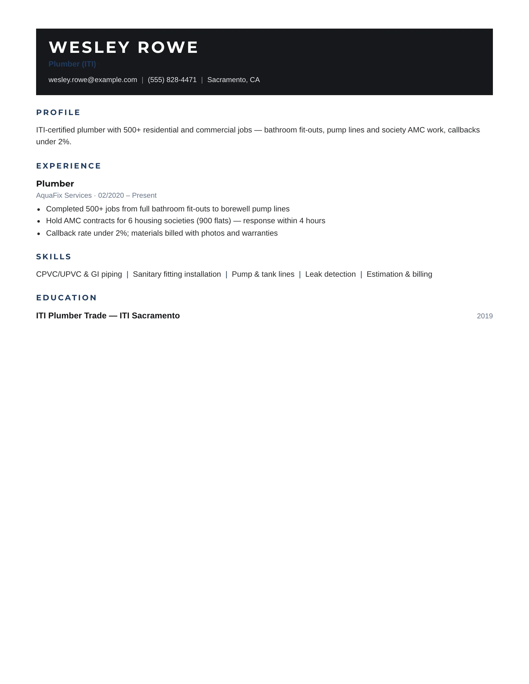 Plumber · Midnight (Navy) resume template preview
