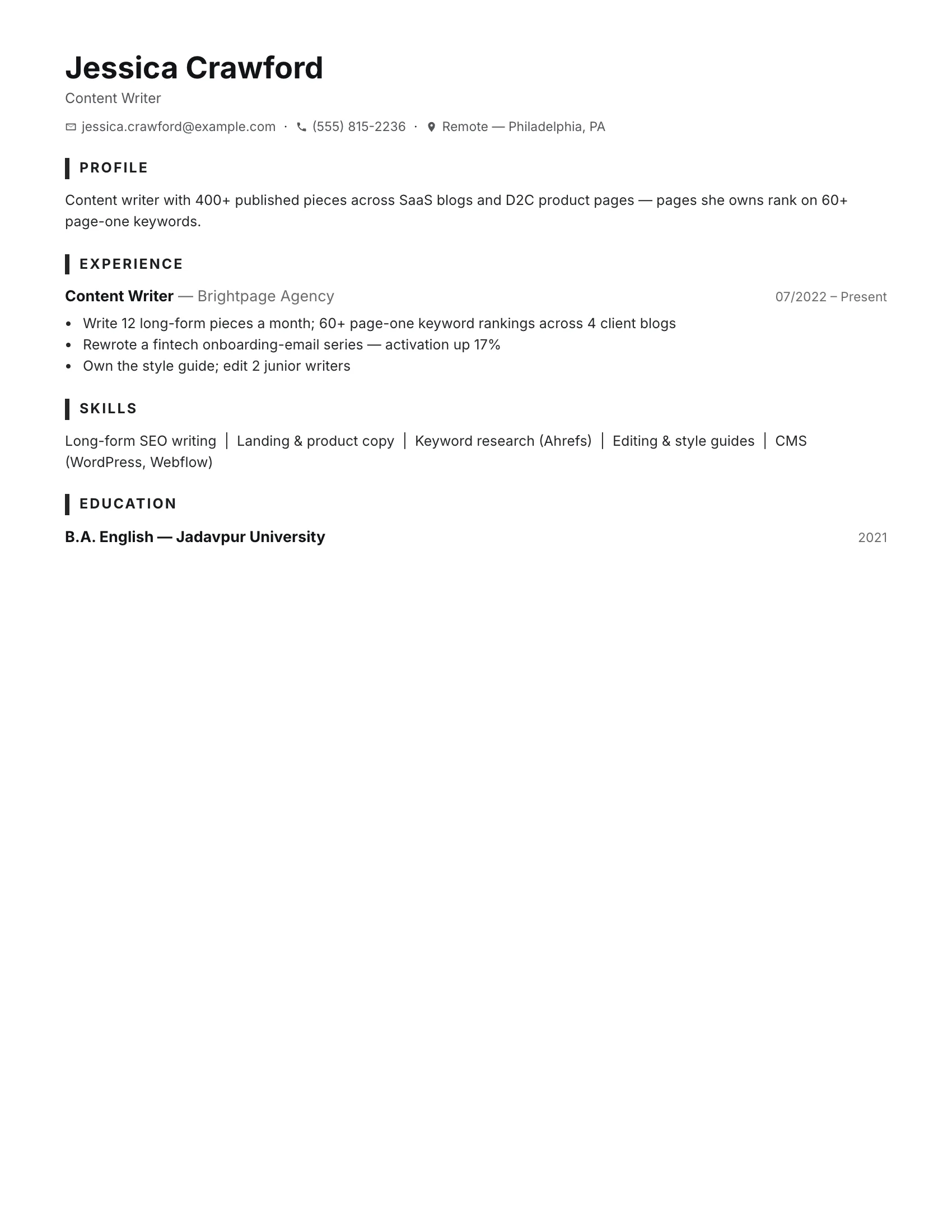 Writer · Ink resume template preview