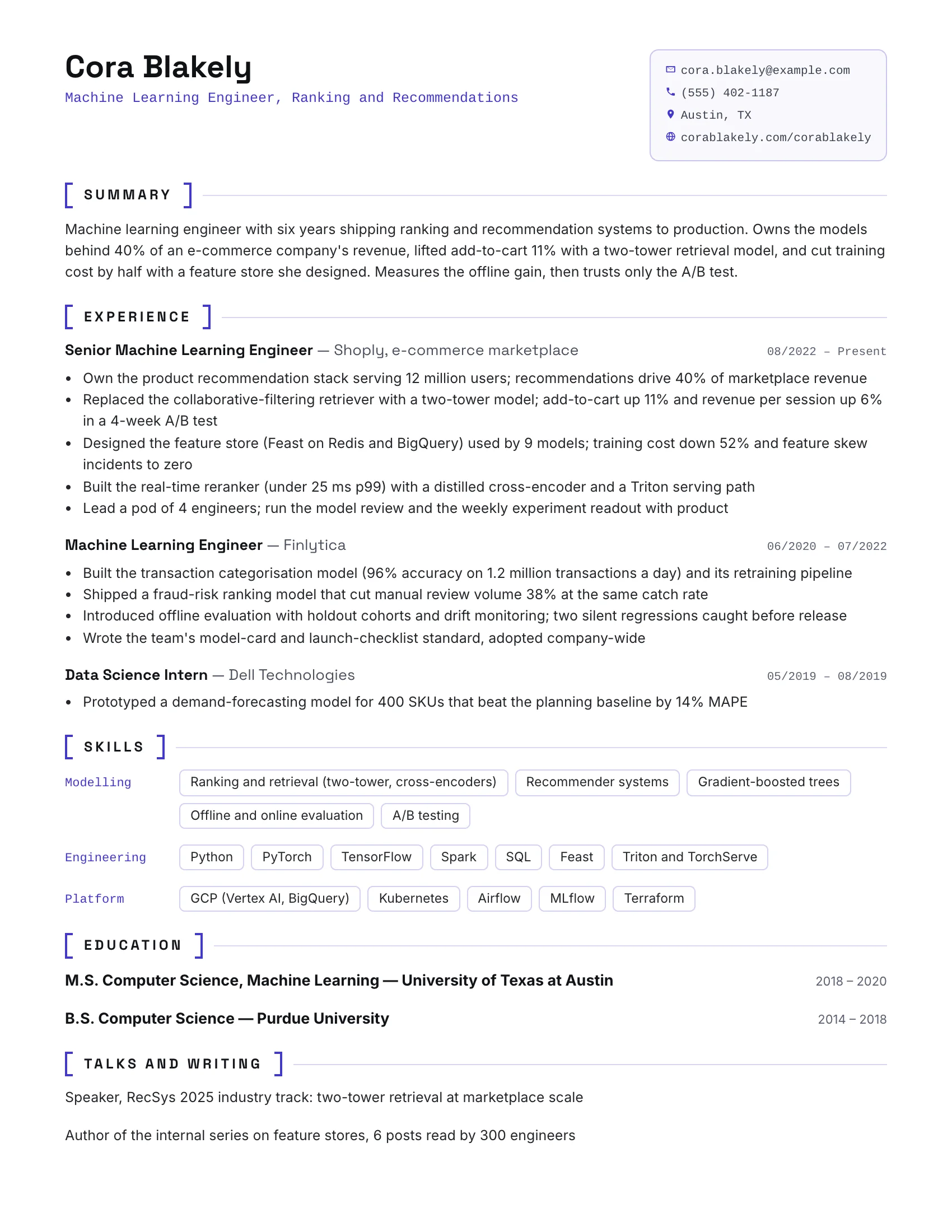 ML Engineer · Tensor resume template preview