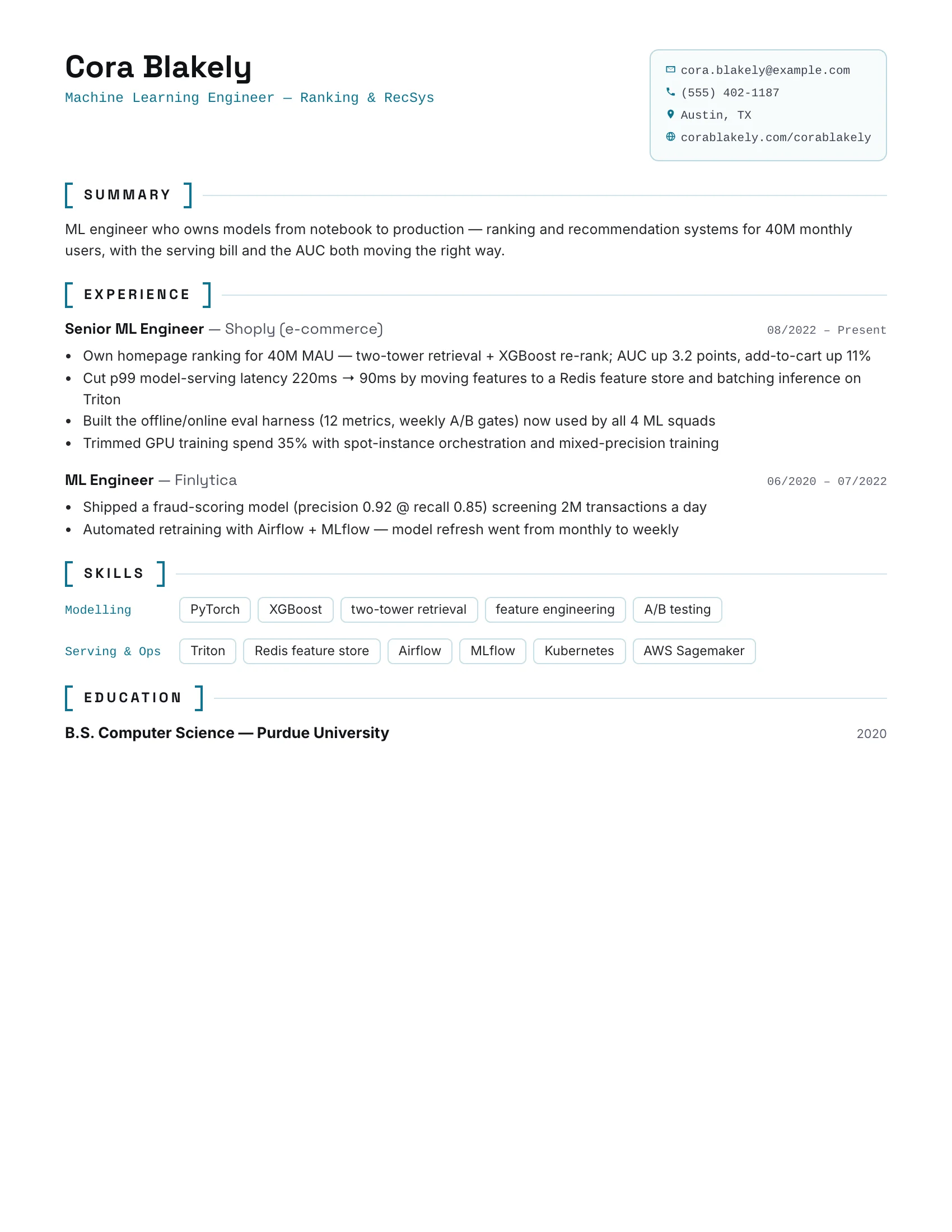 ML Engineer · Tensor (Teal) resume template preview