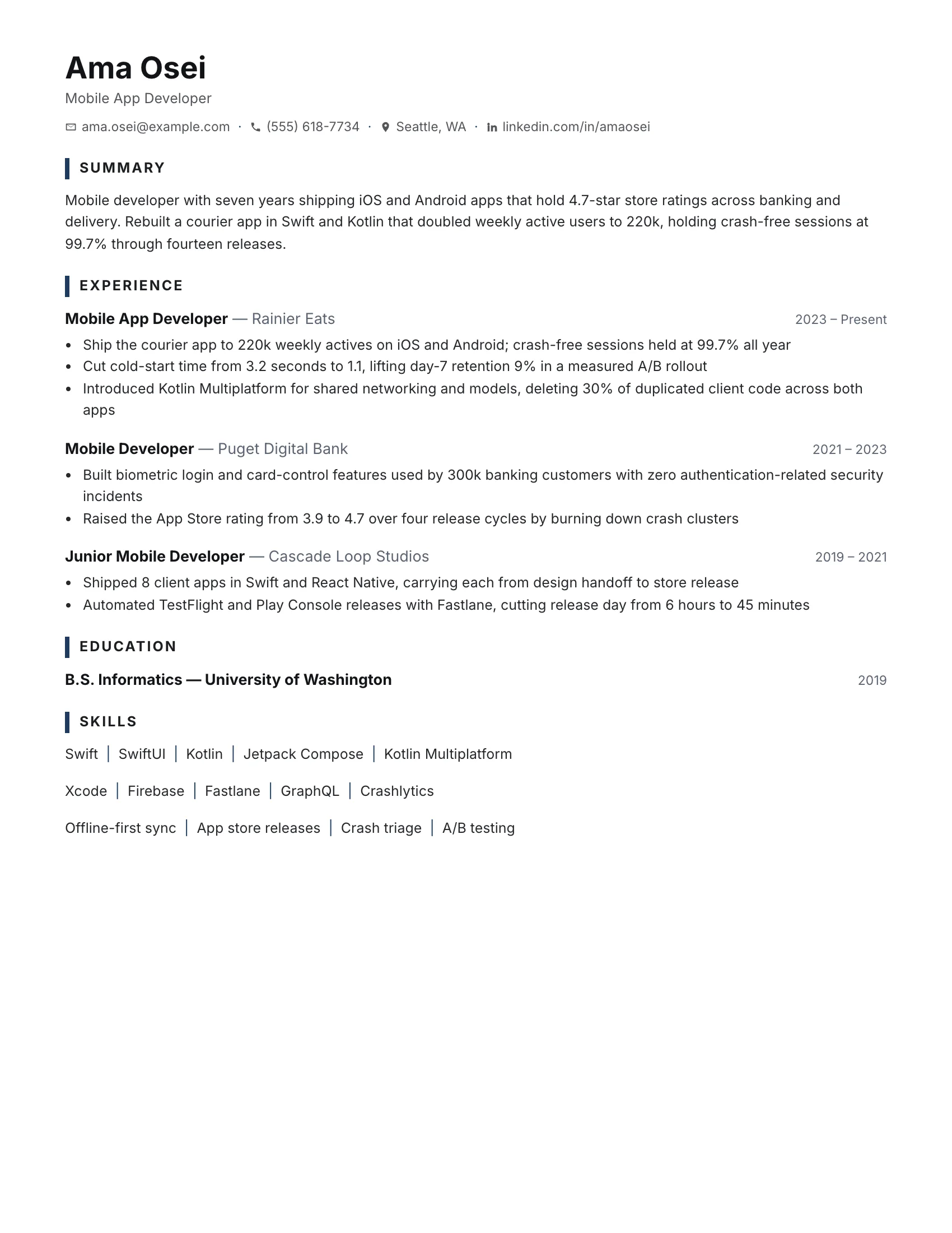 Mobile App Developer · Clean resume template preview