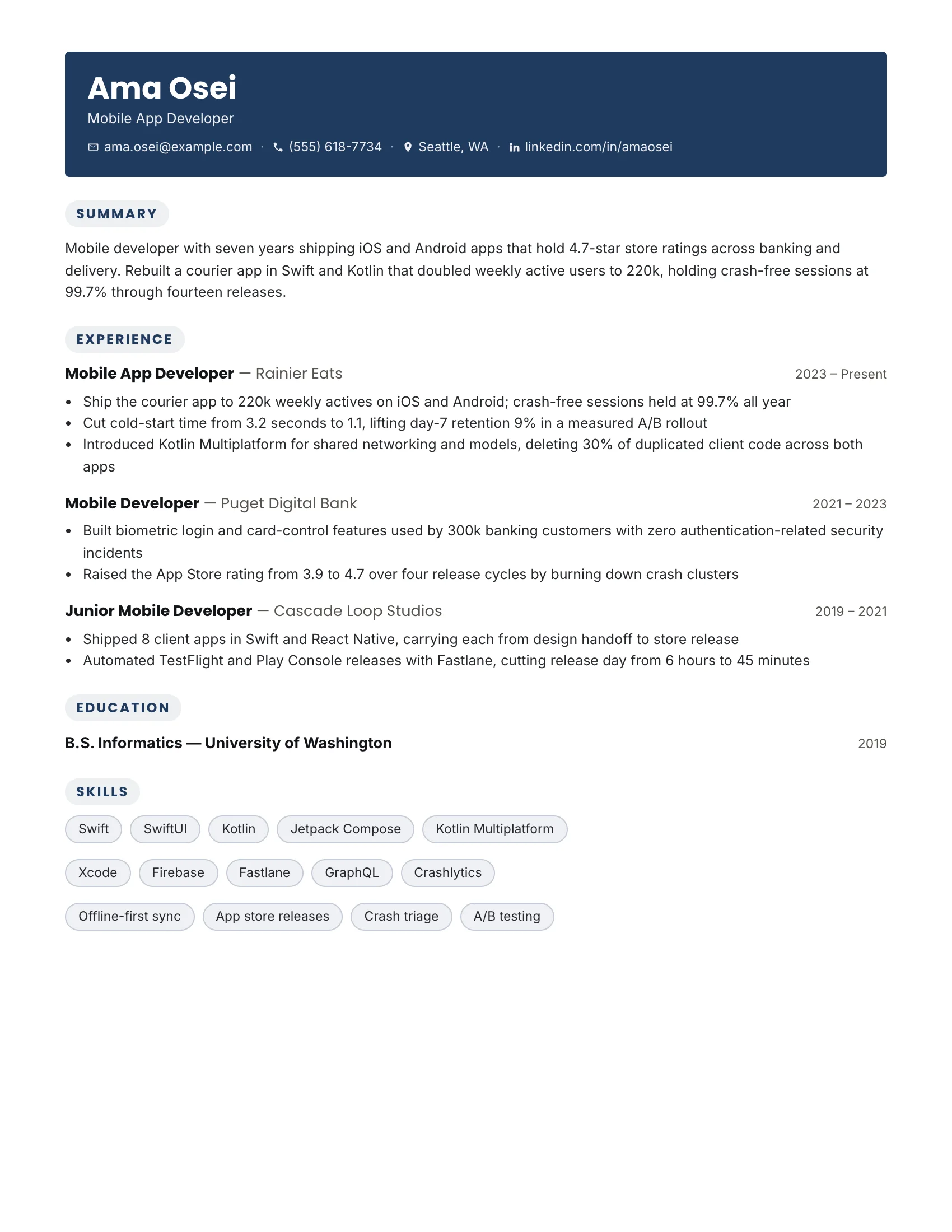 Mobile App Developer · Grid resume template preview