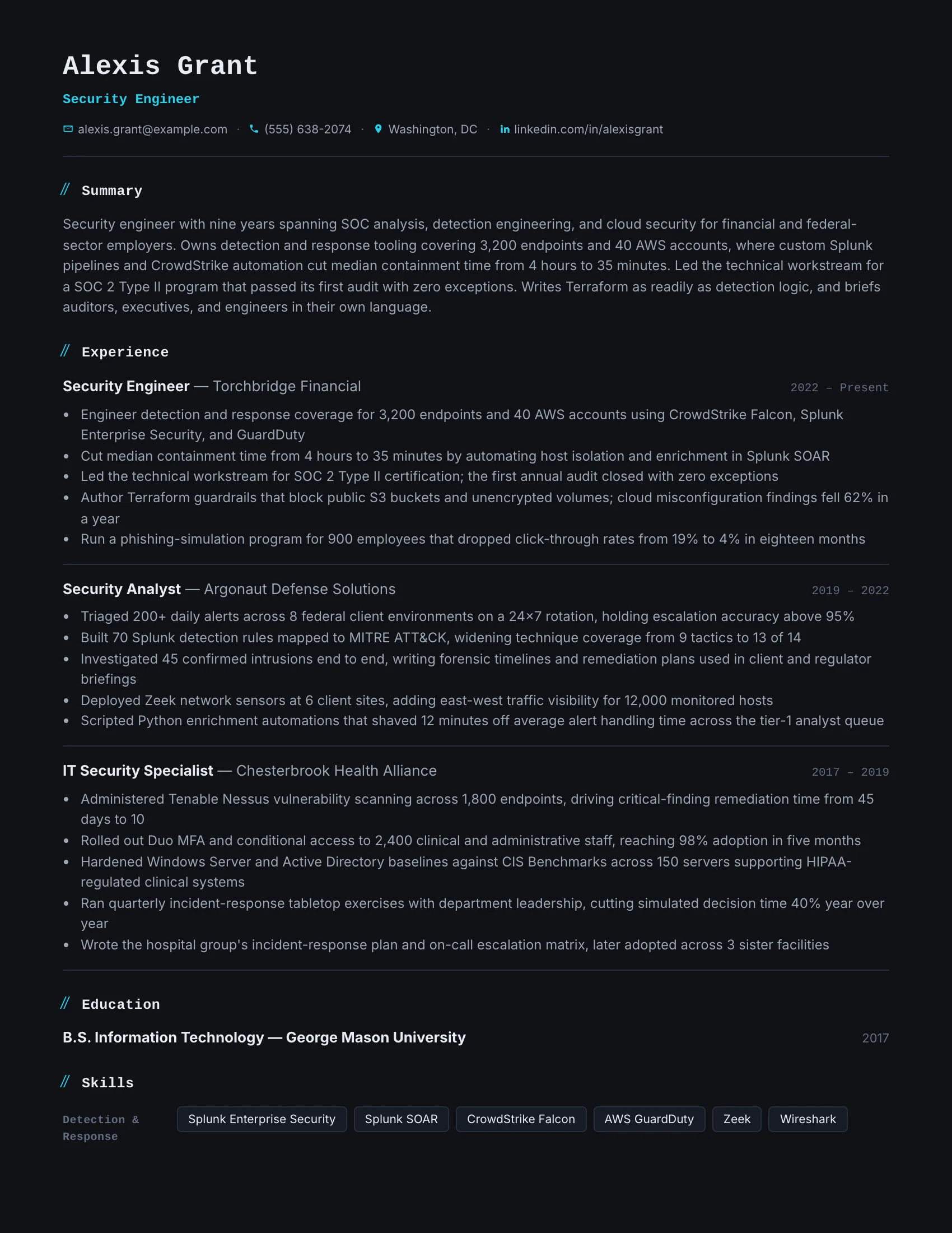 Security Engineer · Terminal resume template preview