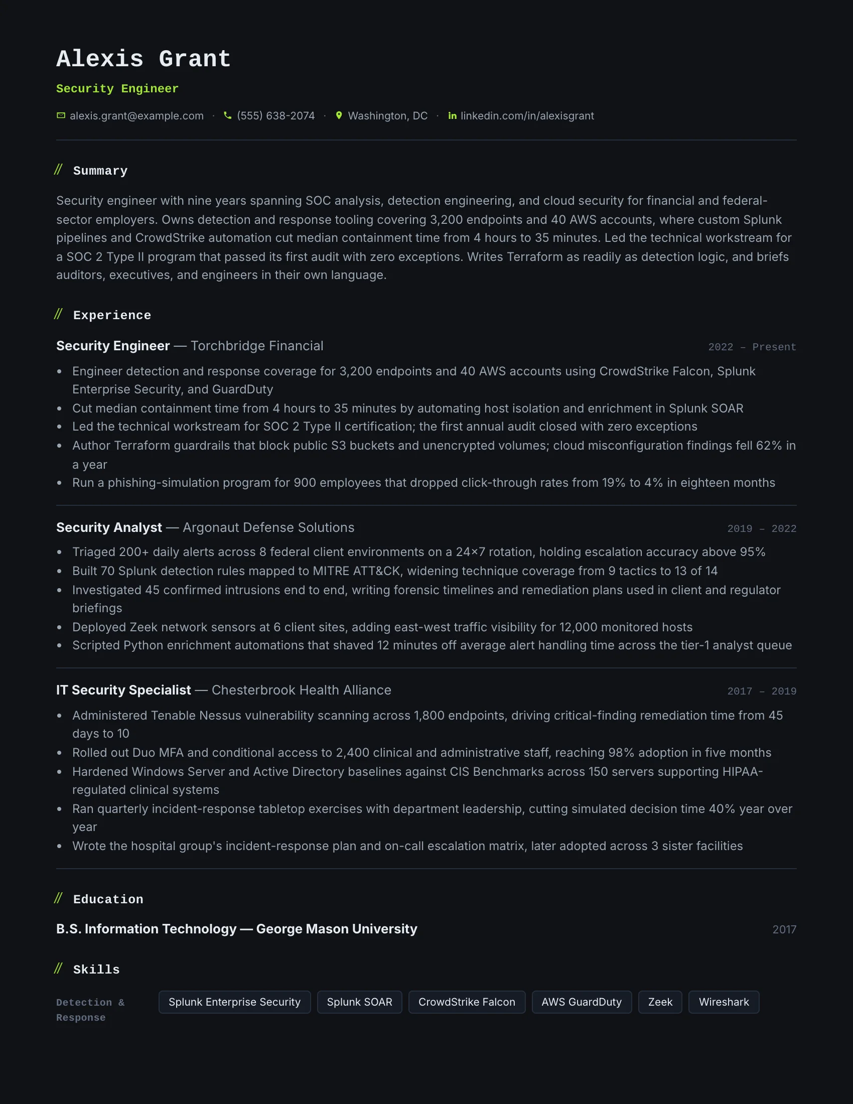 Security Engineer · Terminal (Green) resume template preview