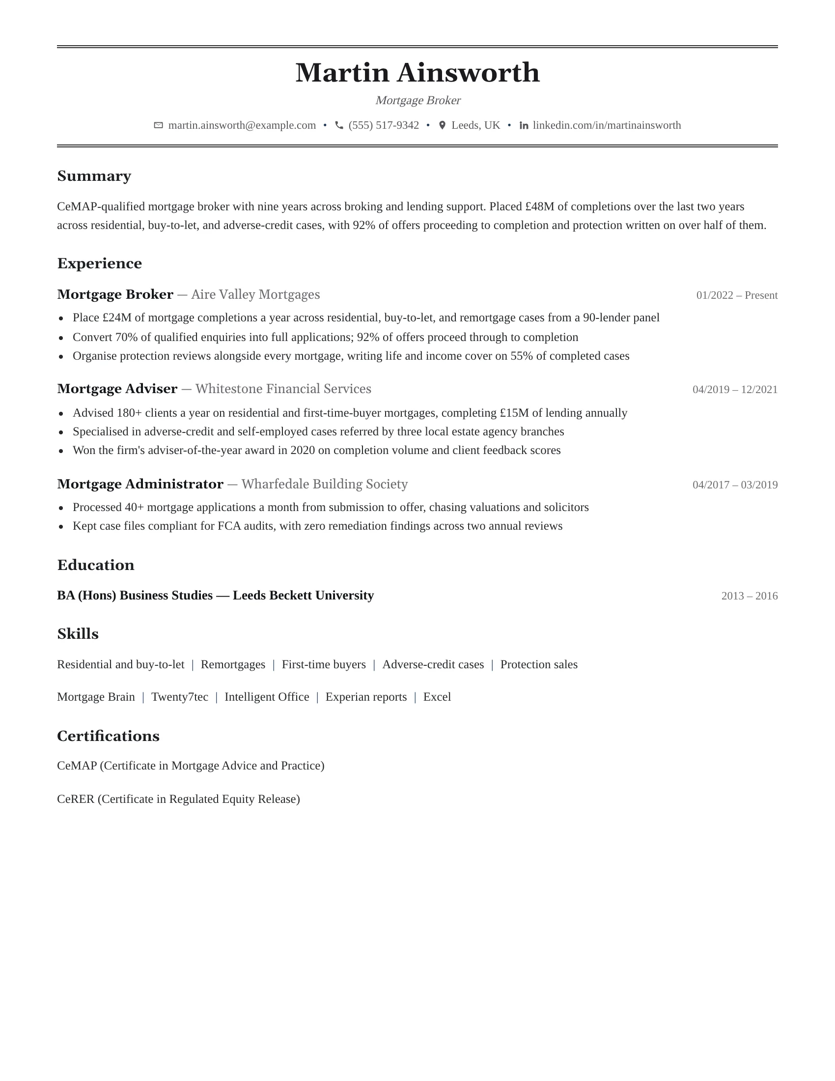 Mortgage Broker · Broadgate (Navy) resume template preview