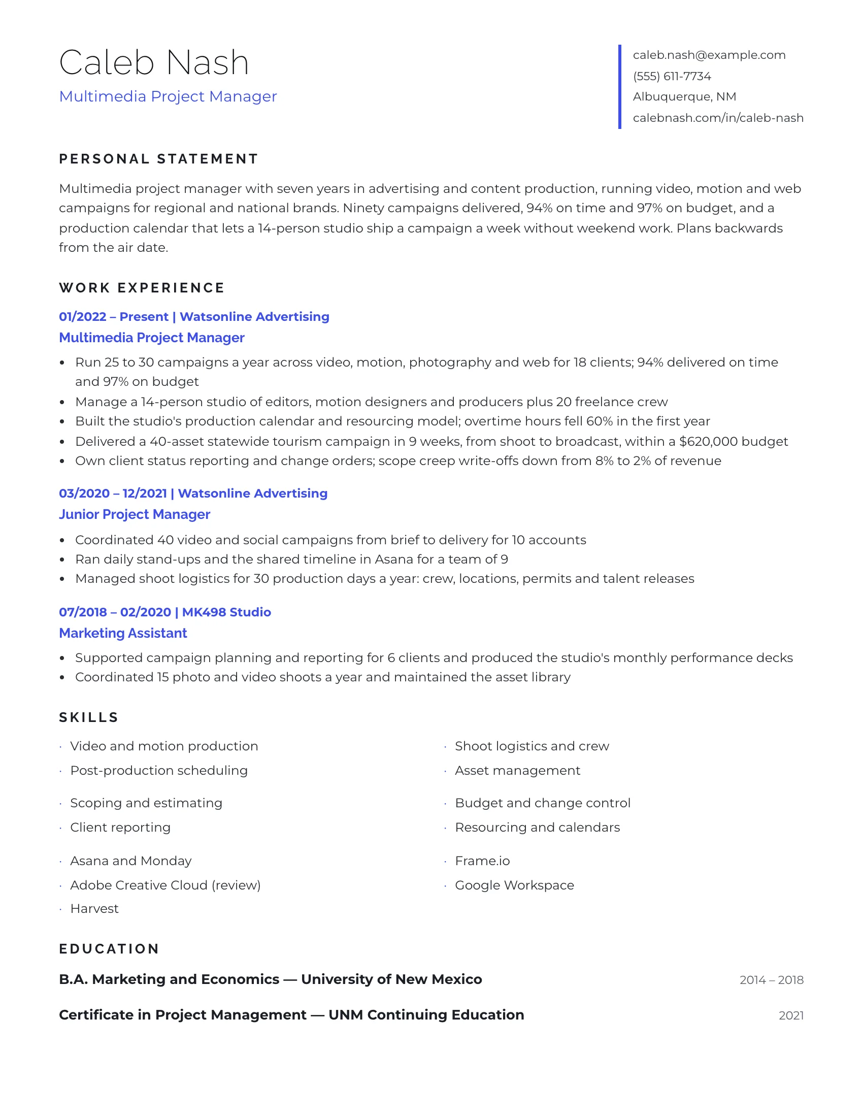 Creative PM · Reel resume template preview