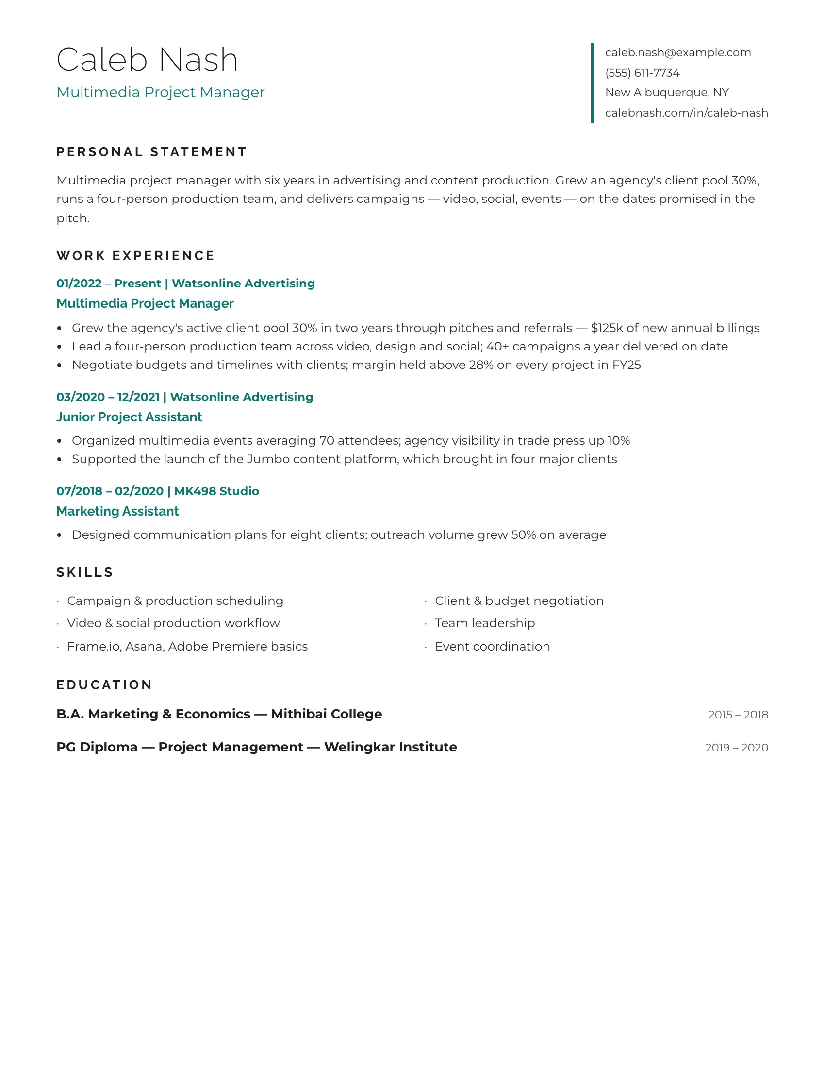 Creative PM · Reel (Teal) resume template preview
