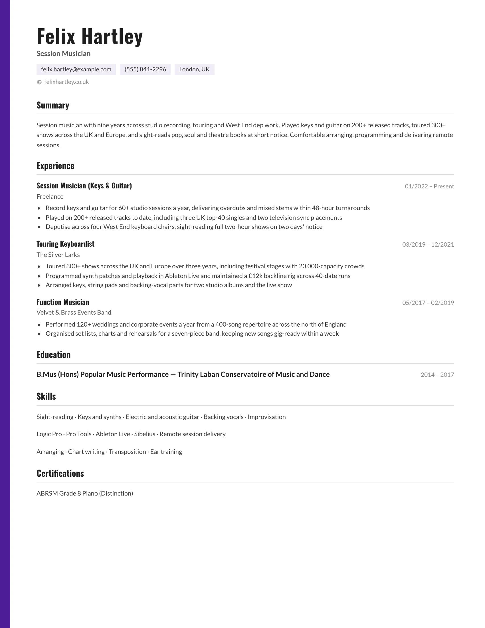 Musician · Setlist resume template preview