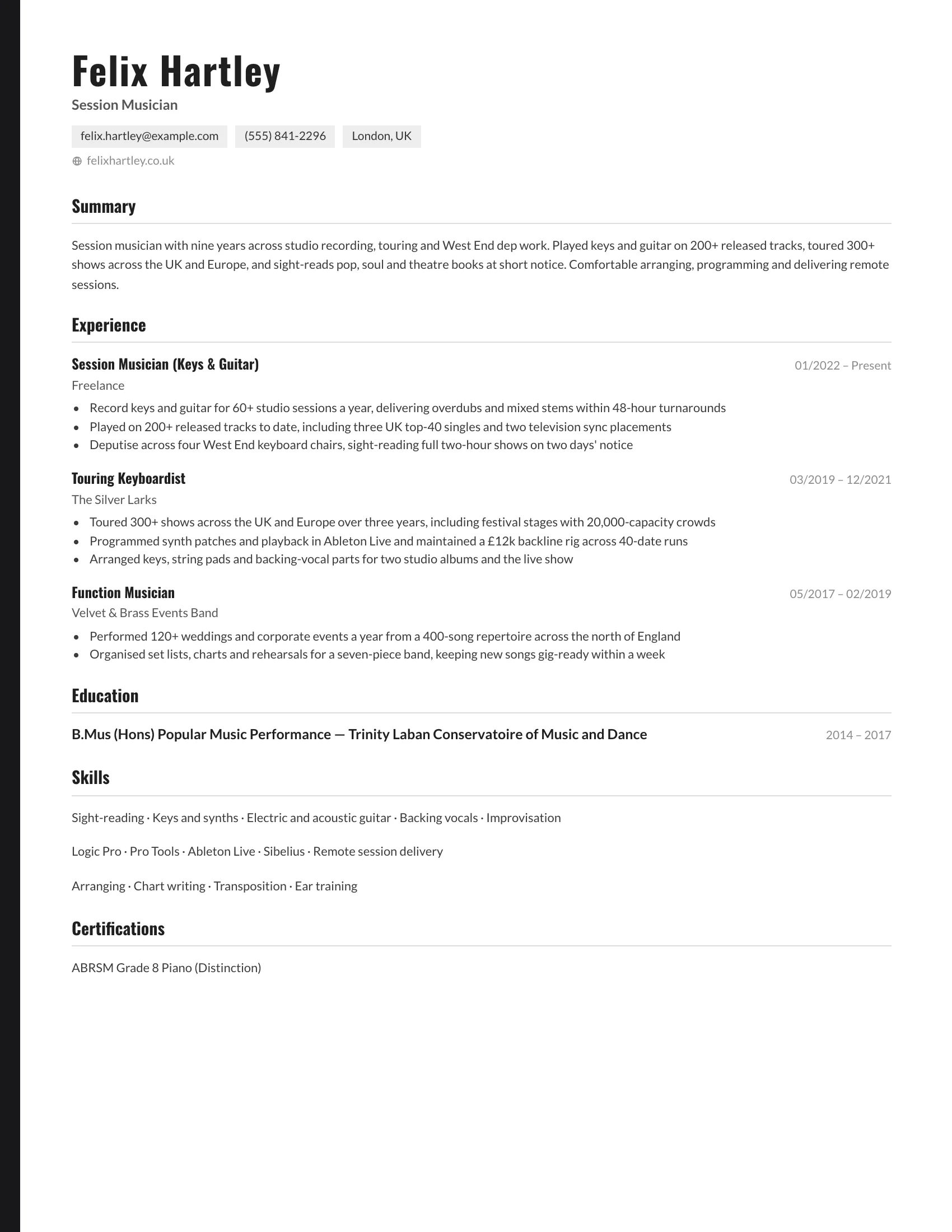 Musician · Setlist (Charcoal) resume template preview