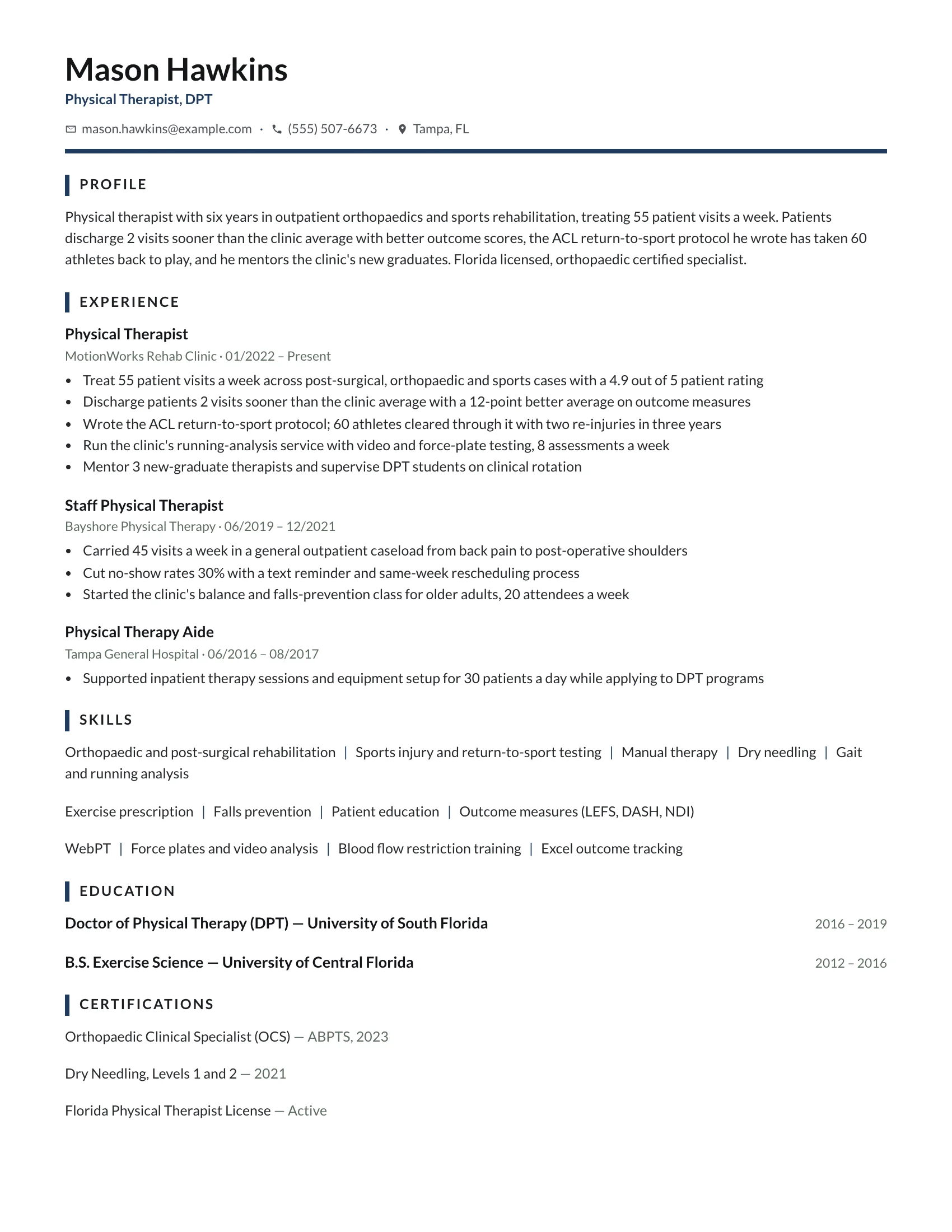 Physio · Nature (Navy) resume template preview