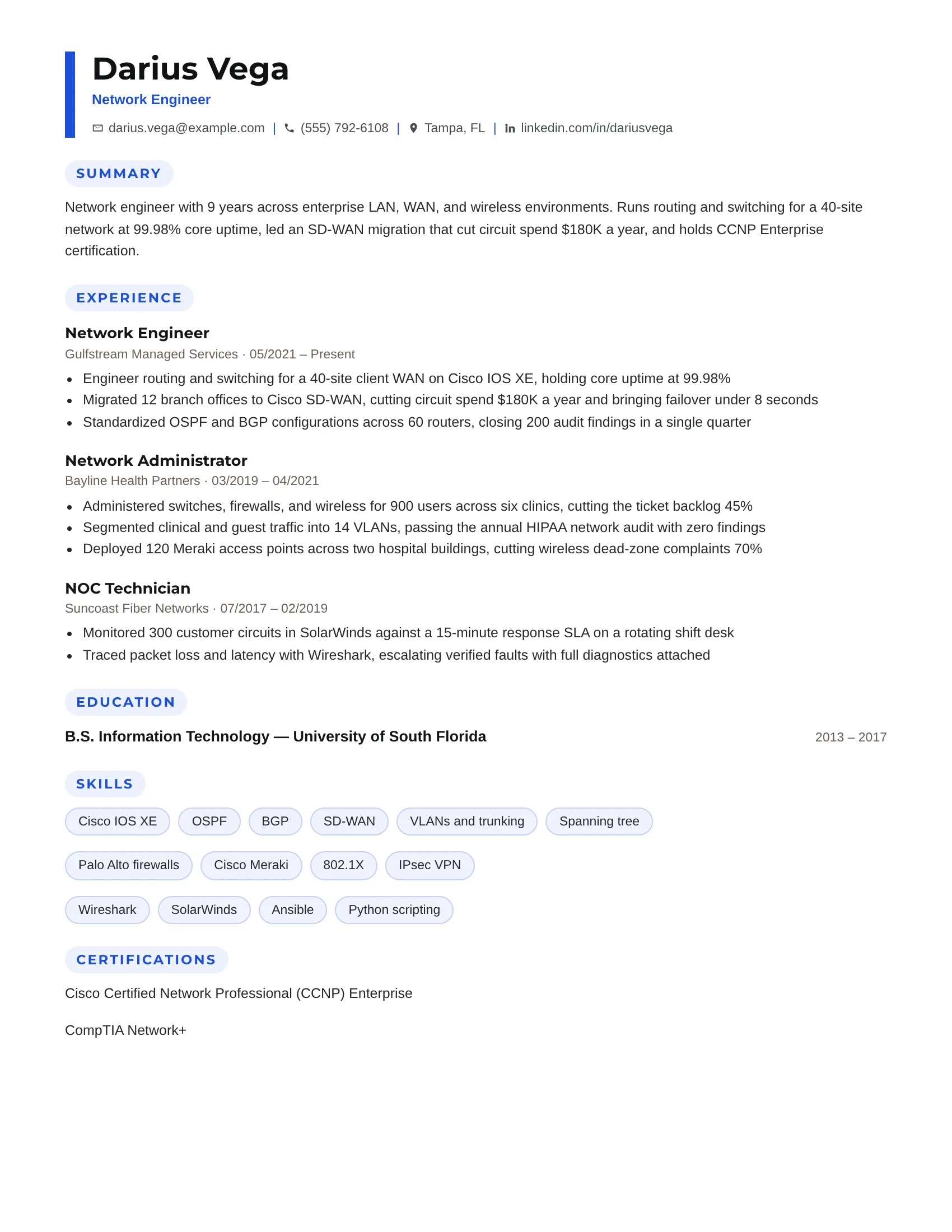 Network Engineer · Uplink resume template preview