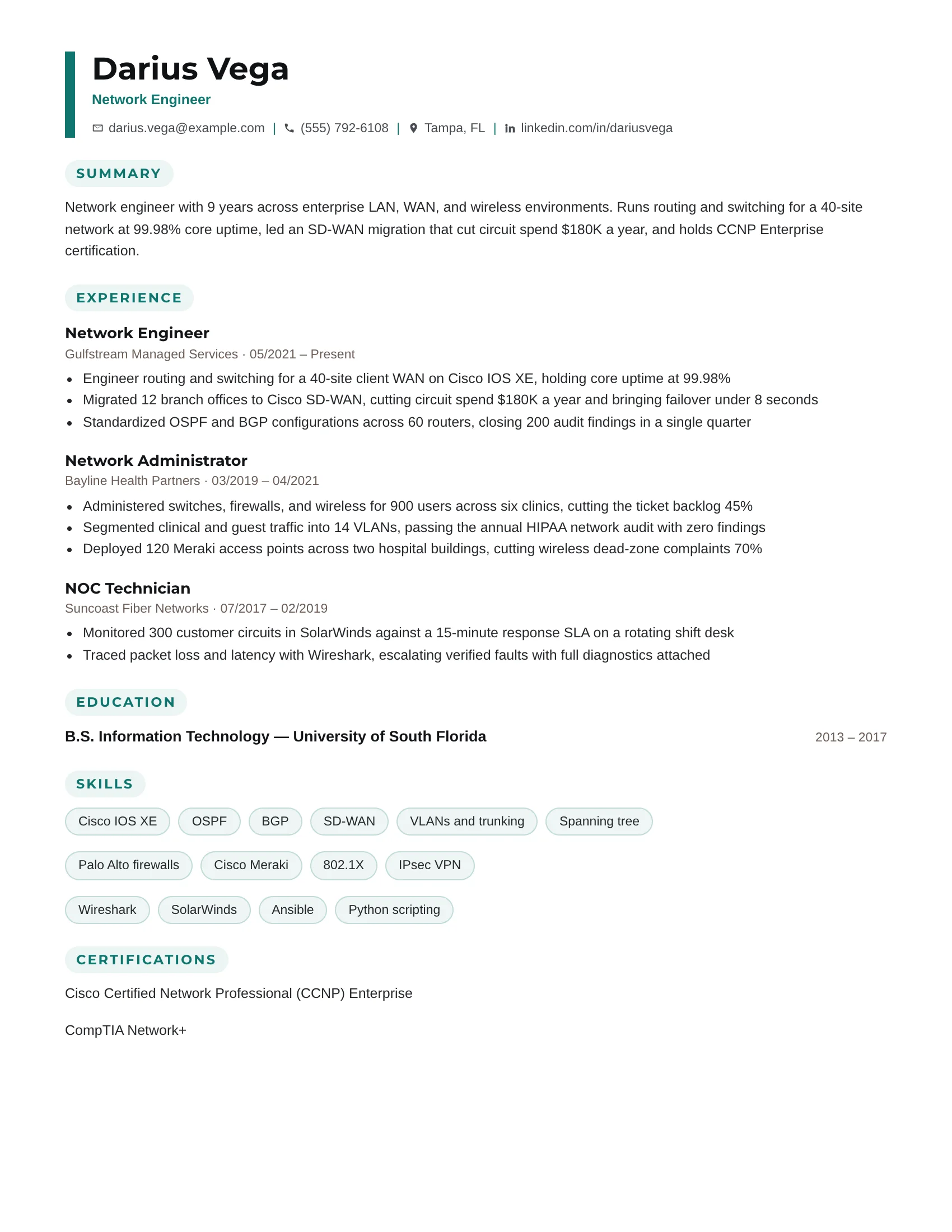Network Engineer · Uplink (Teal) resume template preview