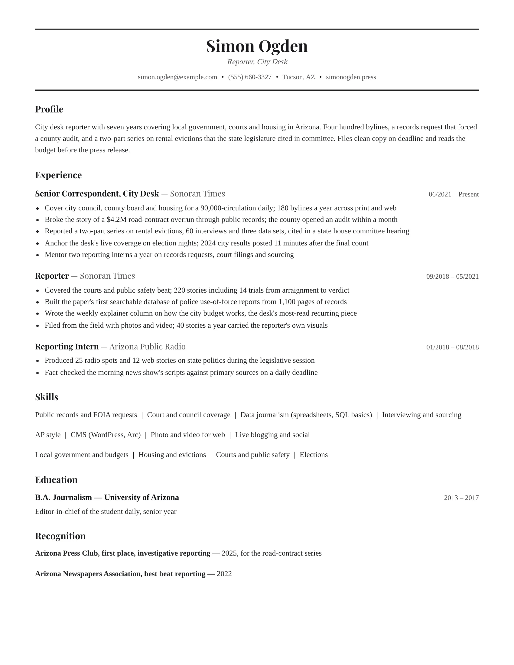 Journalist resume example — sample document