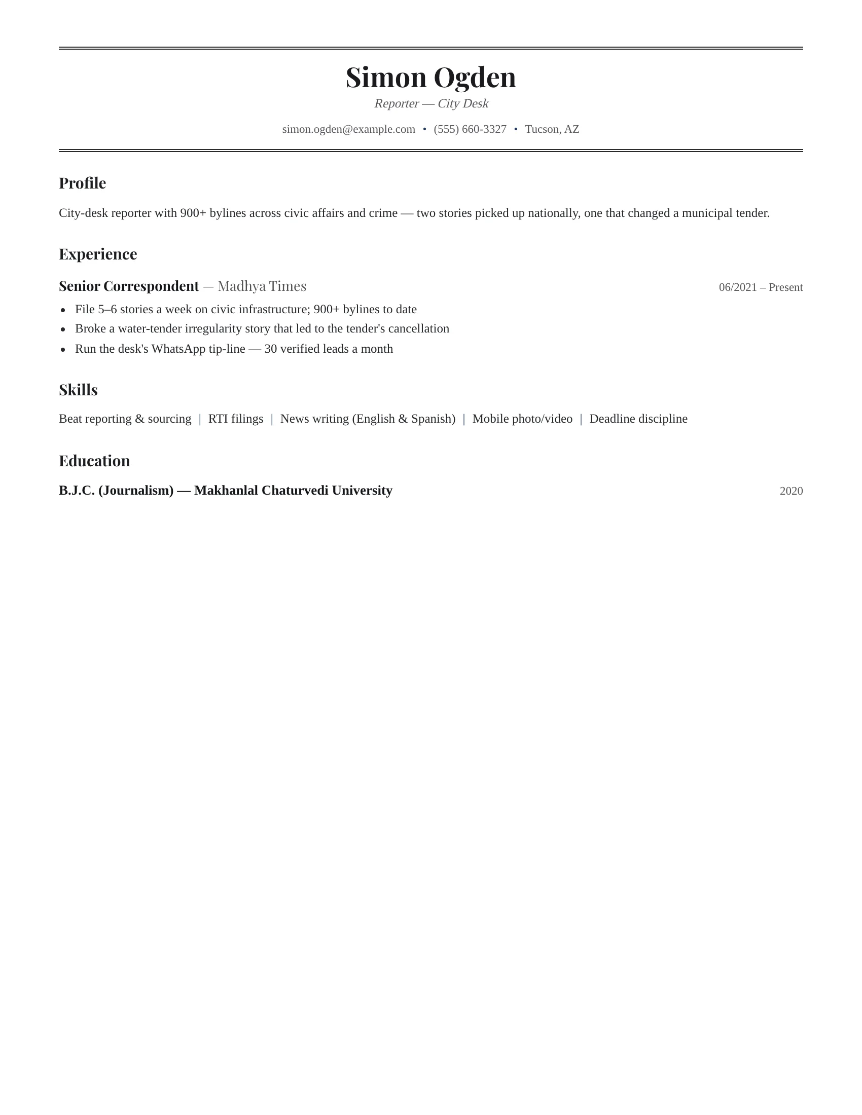 Reporter · Newsweek (Navy) resume template preview