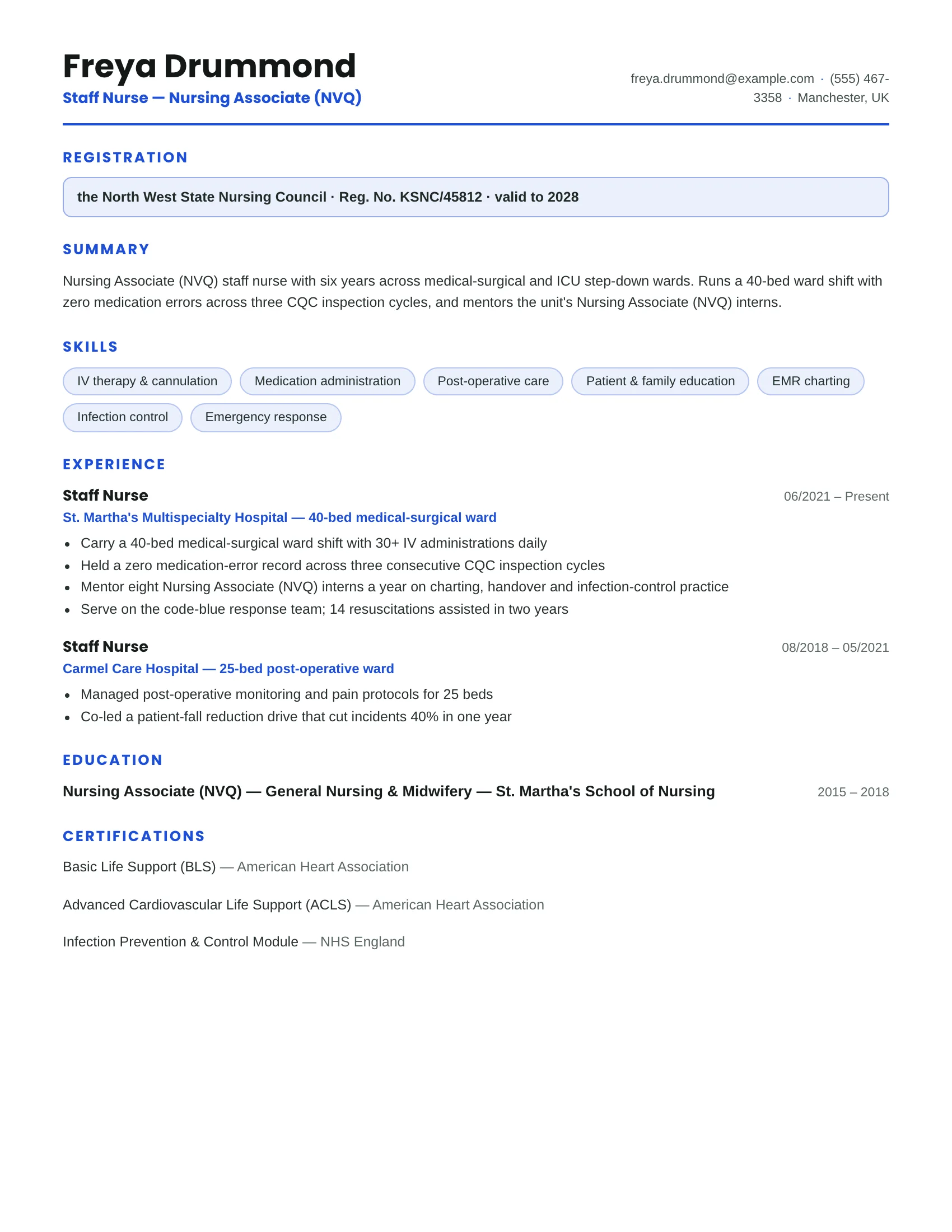 Staff Nurse · Teal (Blue) resume template preview