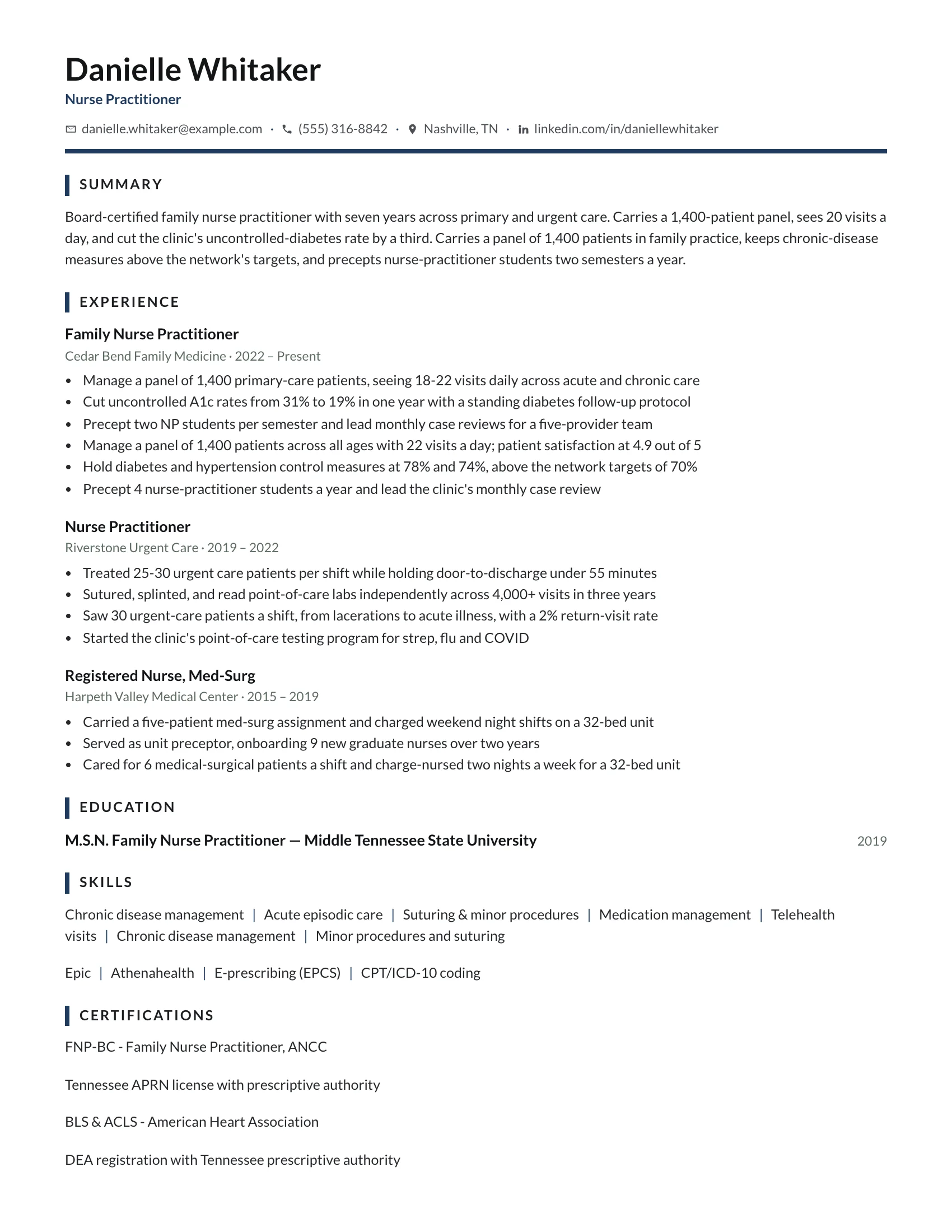Nurse practitioner resume example — sample document