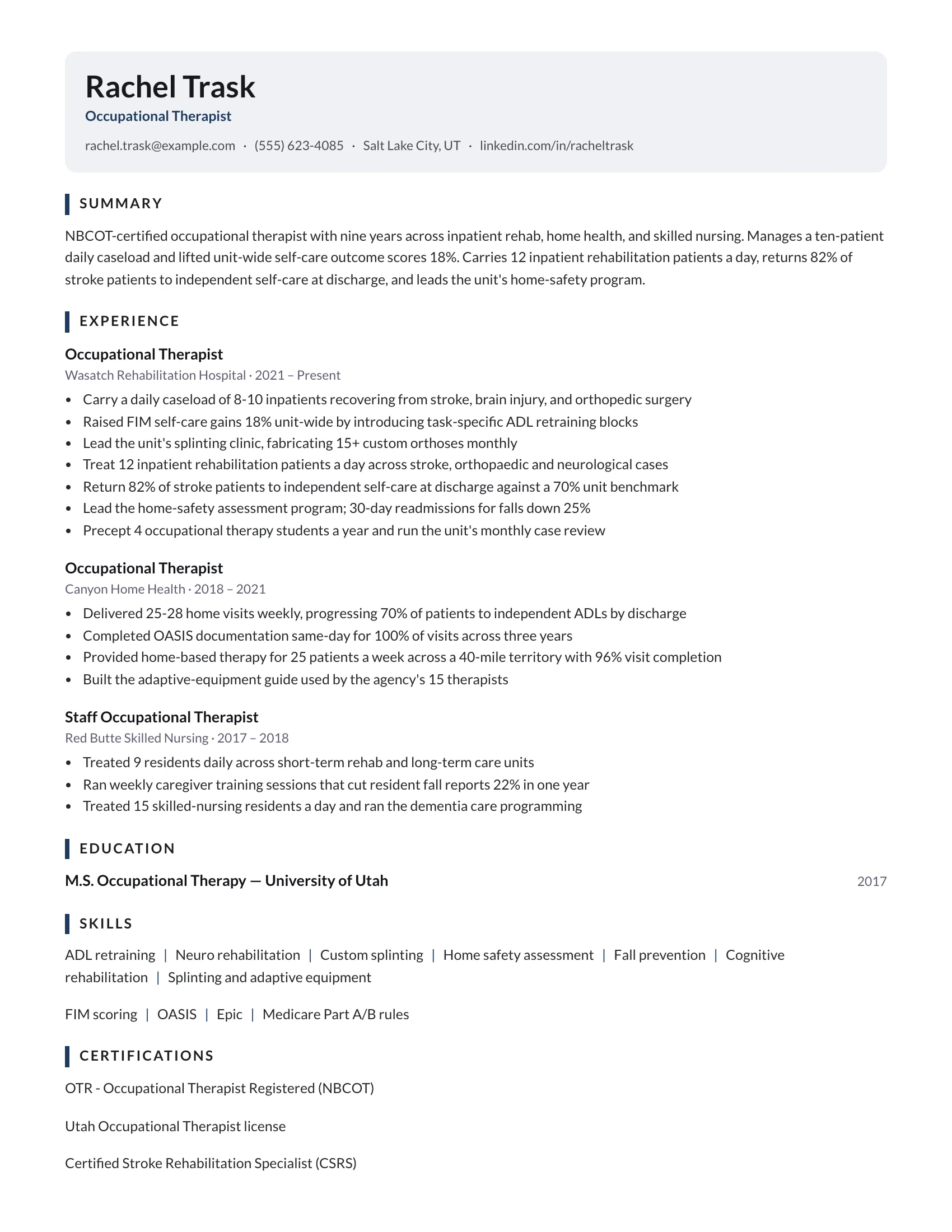 Occupational Therapist · Calm resume template preview
