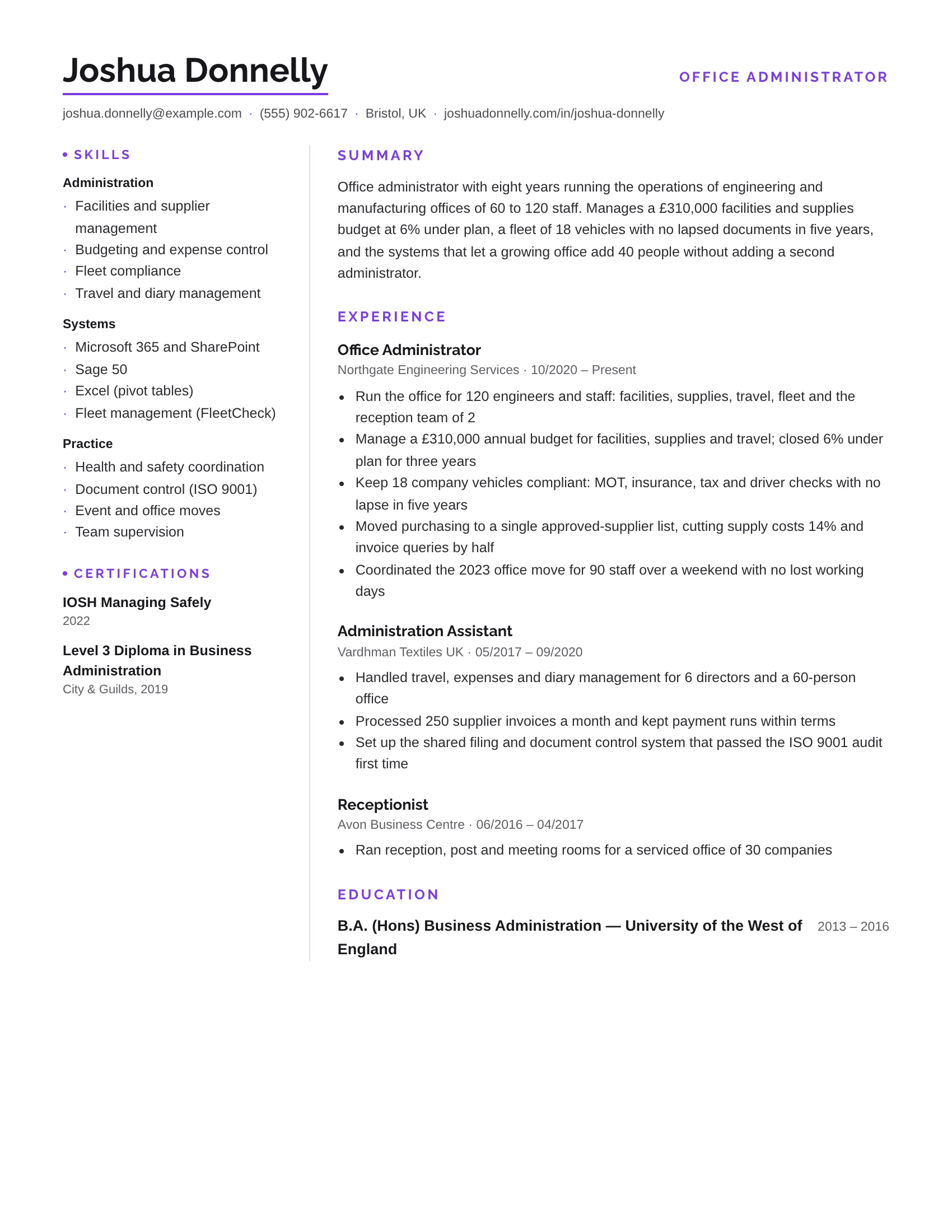 Office Admin · Registry resume template preview