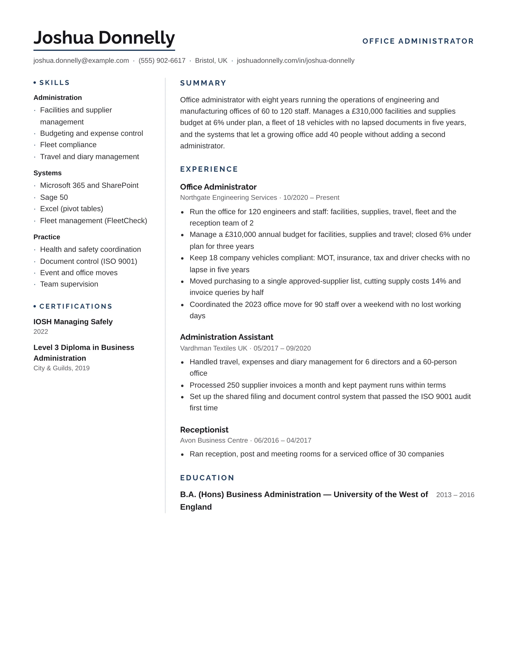 Office Admin · Registry (Navy) resume template preview