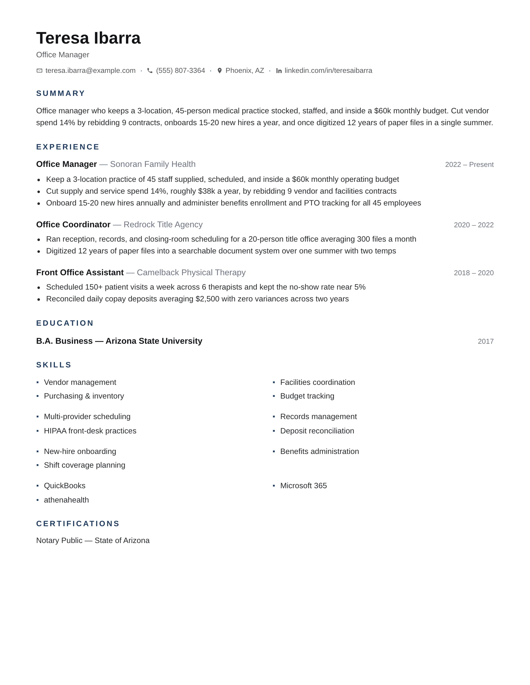 Office Manager · Martinus resume template preview
