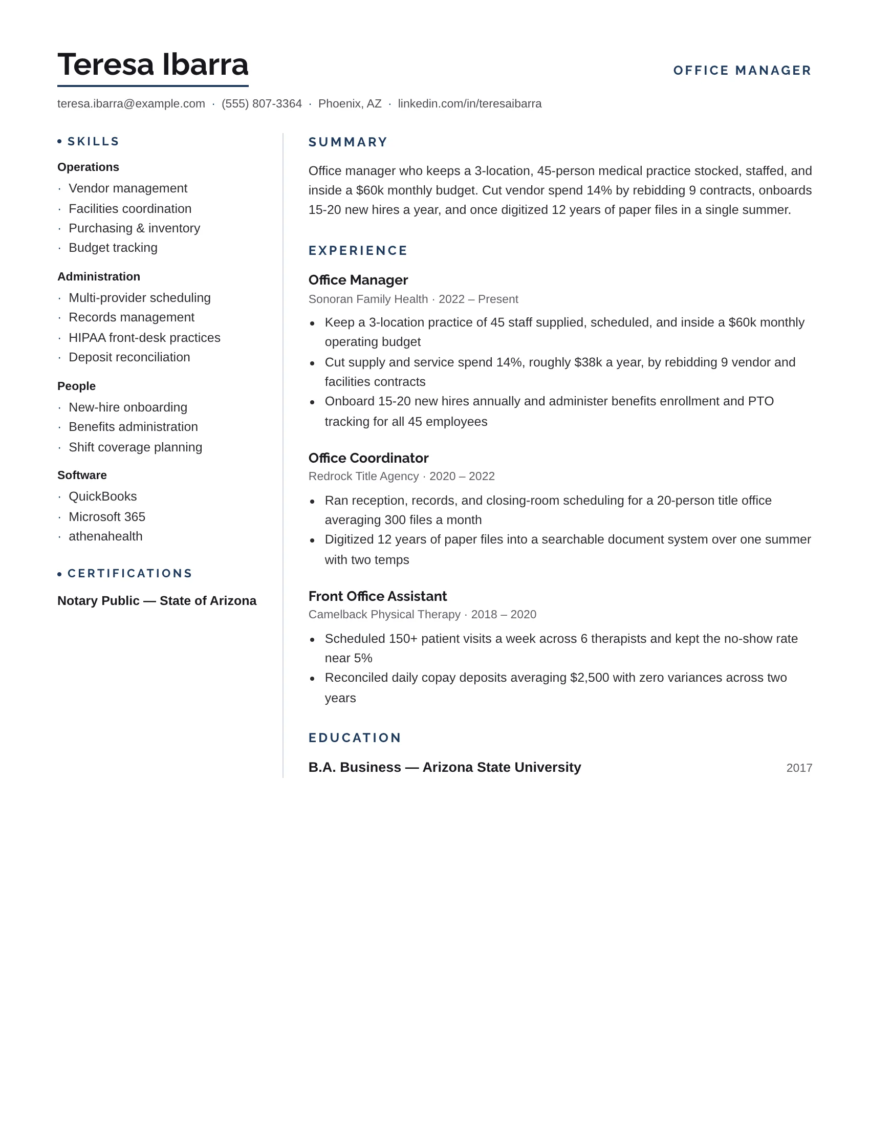Office Manager · Registry resume template preview