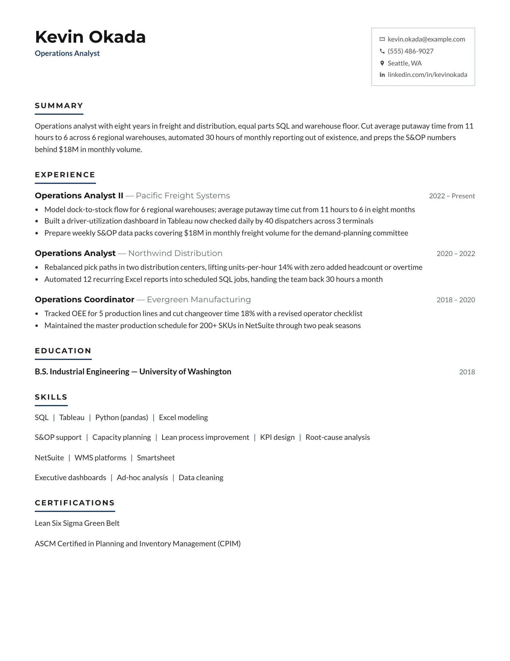 Operations Analyst · Midday resume template preview