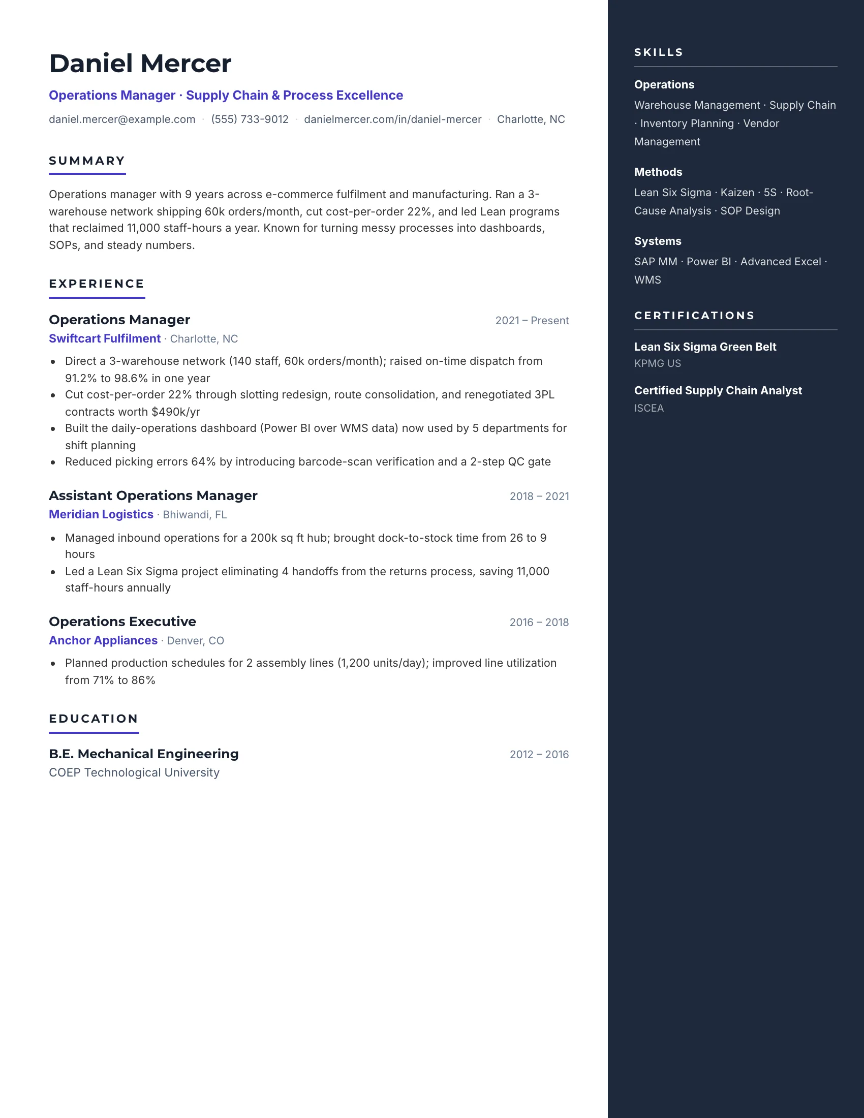 Operations · Slate (Indigo) resume template preview