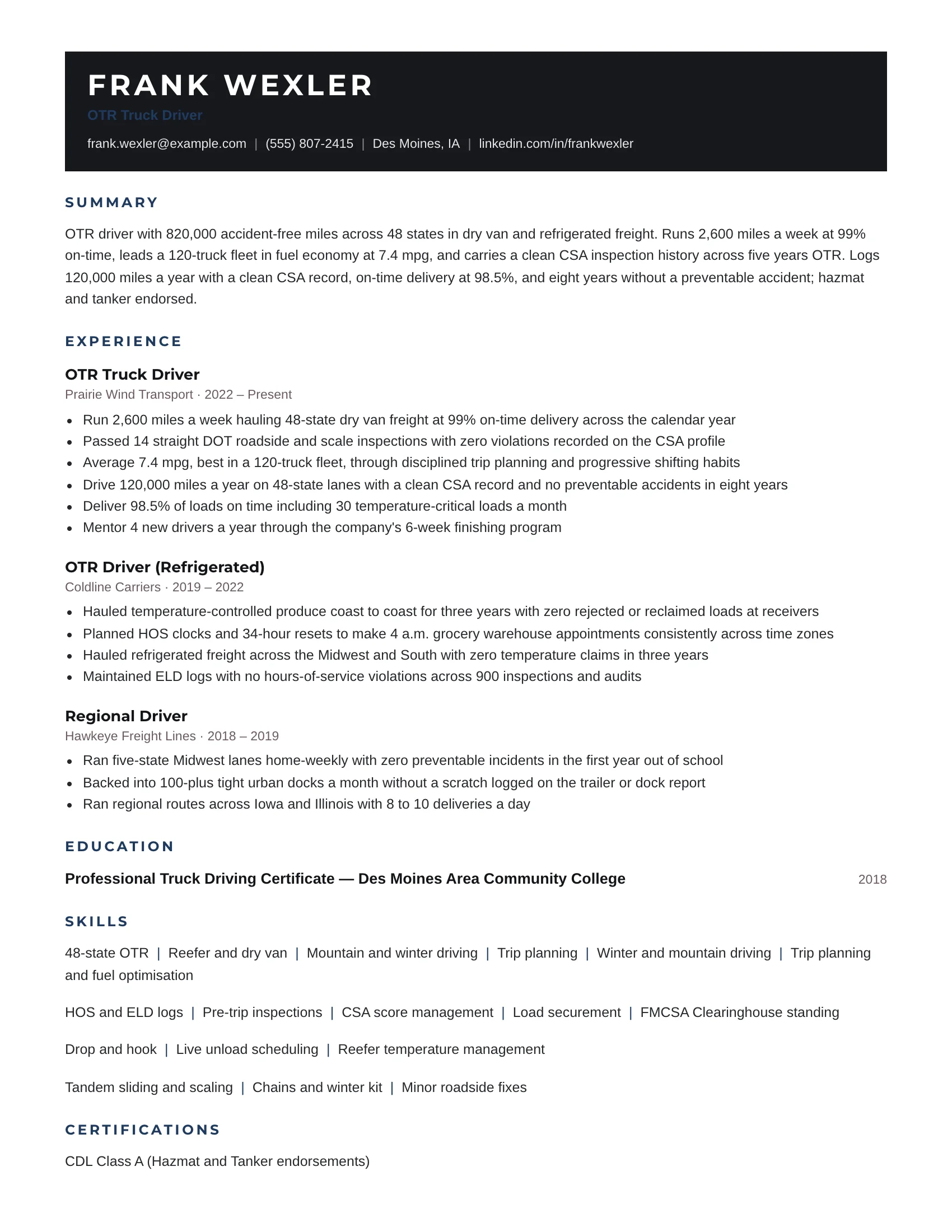 Truck driver resume example — sample document