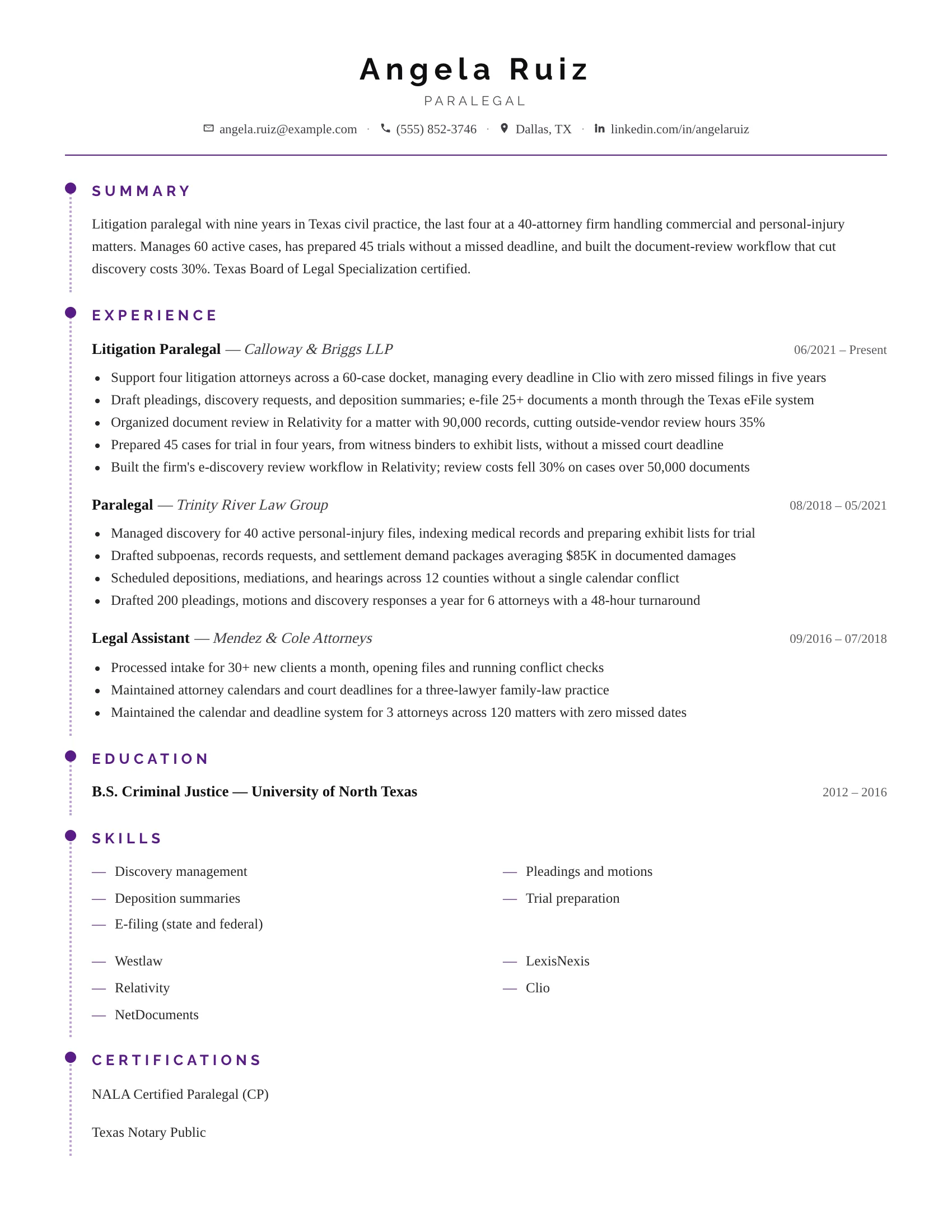 Paralegal resume example — sample document