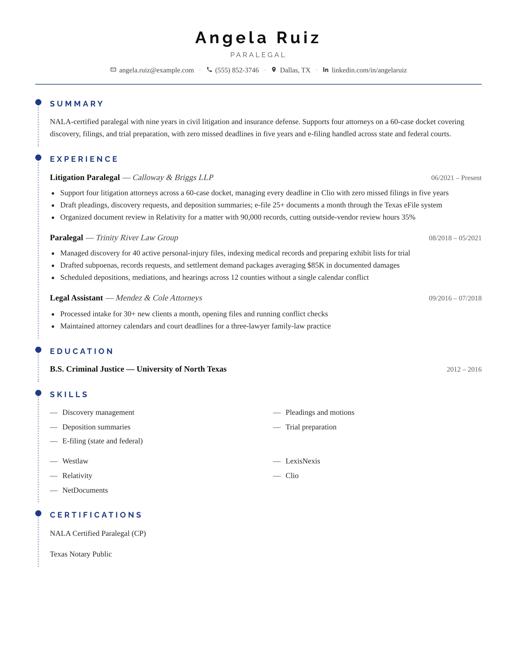 Paralegal · Docket (Blue) resume template preview