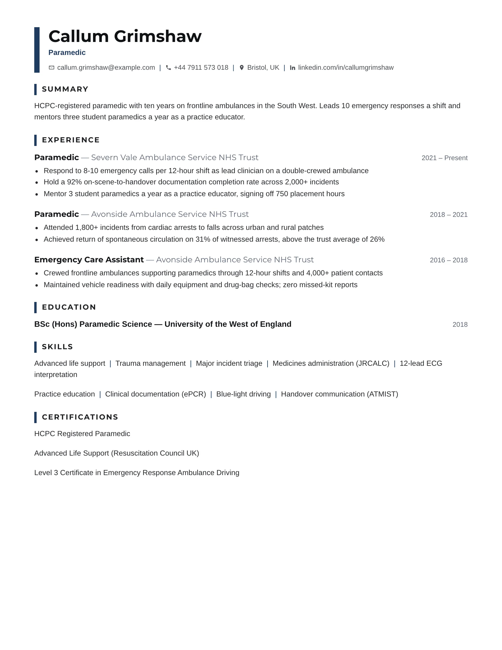 Paramedic · Compact resume template preview