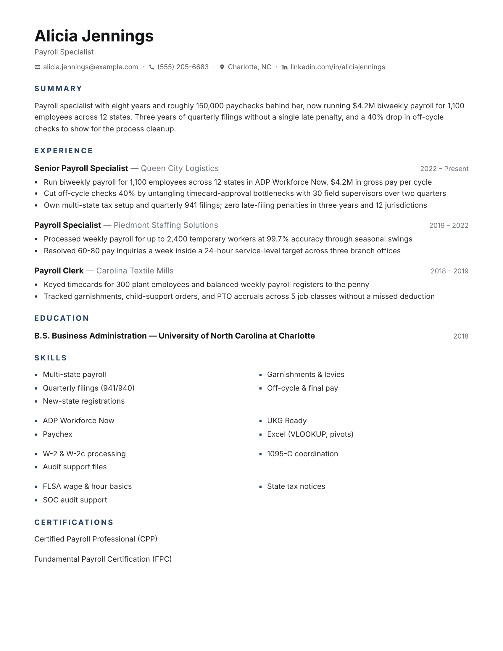 Payroll Specialist · Basic resume template preview