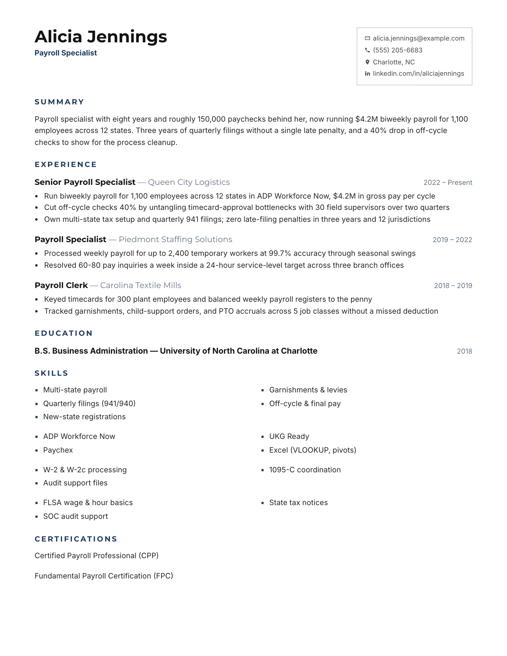 Payroll Specialist · Square resume template preview